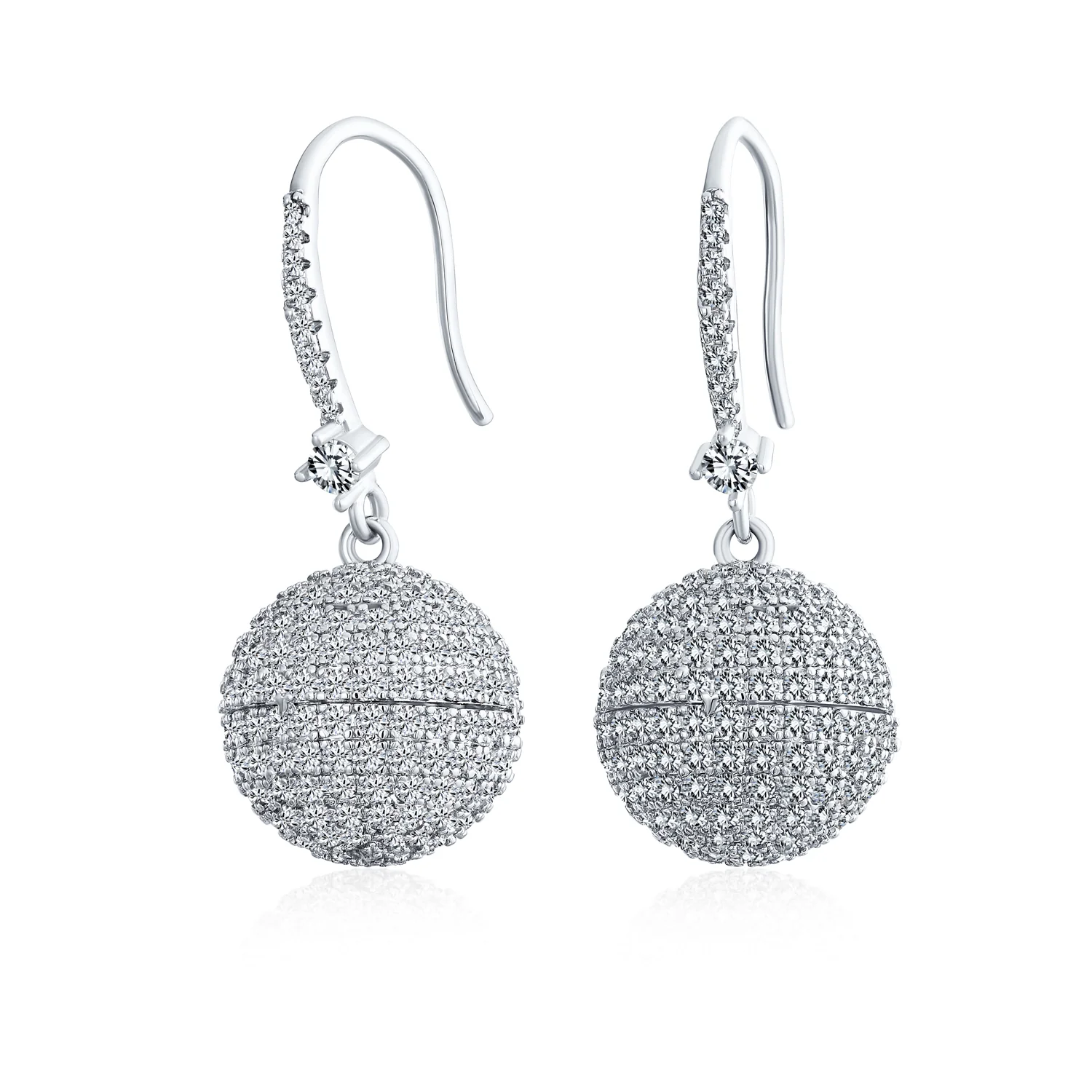 Modern Cocktail Pave CZ Statement Disco Ball Earrings Cubic Zirconia Silver Plated