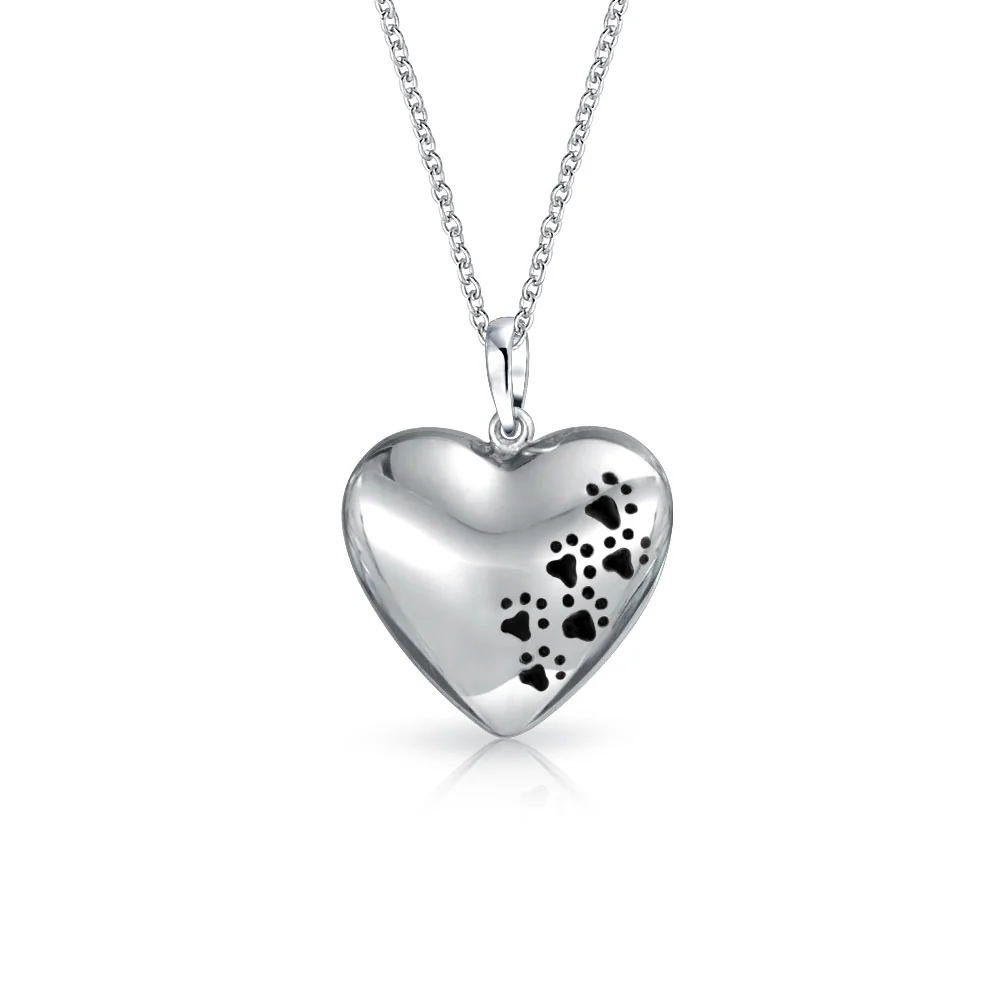 BFF Animal Lover Paw Print Puff Heart Shape Pendant Necklace .925 Sterling Silver