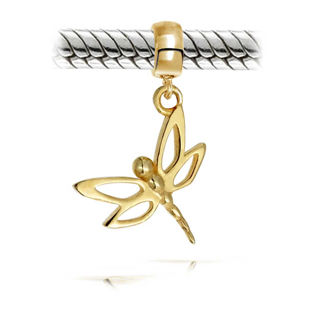 Set of 2 Dragonfly Gold Plated Dangle & Teal Bee Flower Glass Silver Charm Bead - Image 5