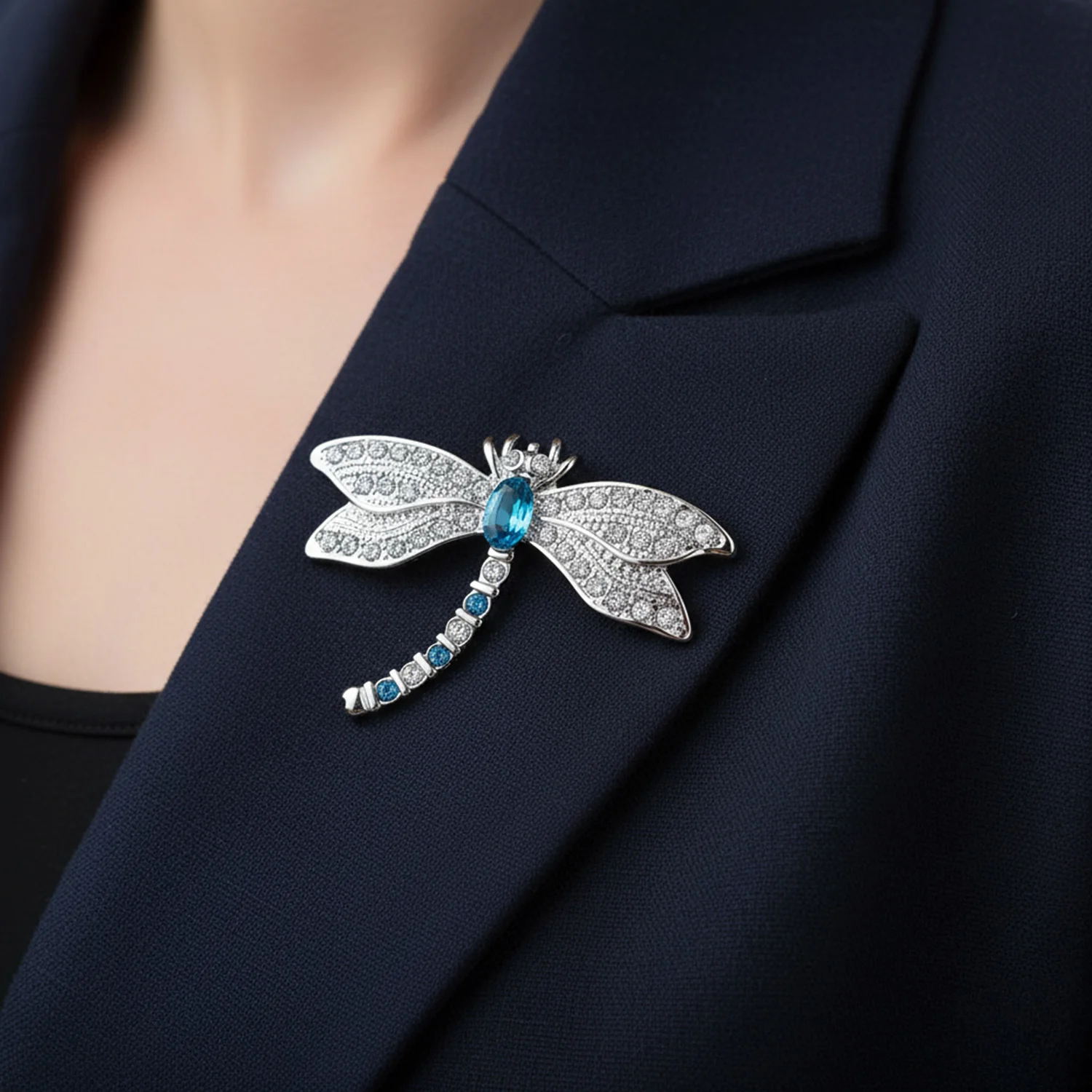 Garden Firefly Dragonfly Brooch Pin Blue CZ Insect Motif - Image 3