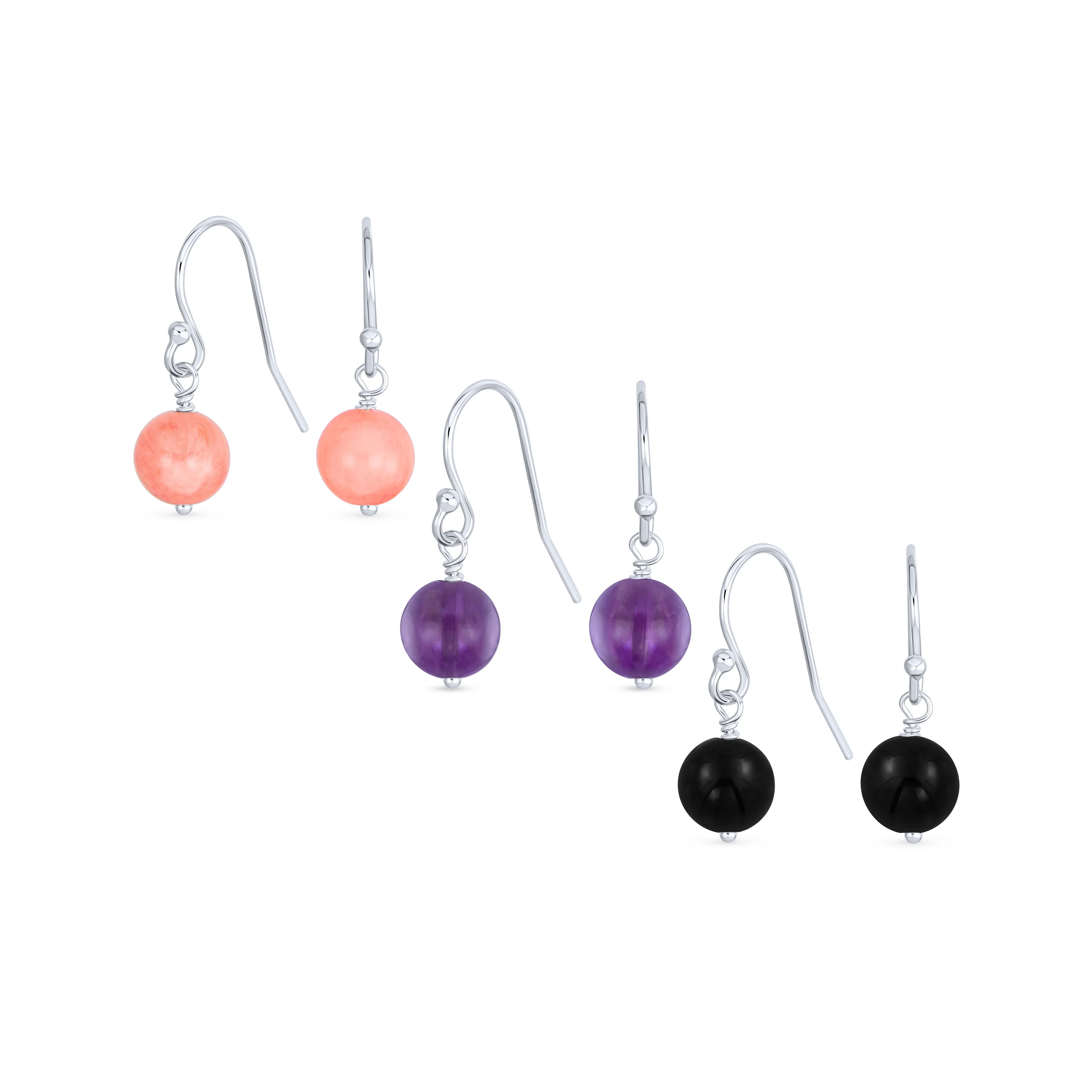 Set of 3 Drop Ball Earrings Onyx Amethyst Turquoise Lapis Lazuli Malachite Silver