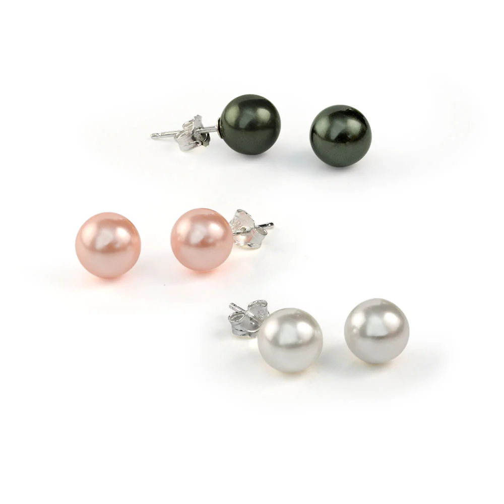 Set Of 3 White Black Pink Simulated Pearl Stud Ball Earrings Sterling Silver 8MM