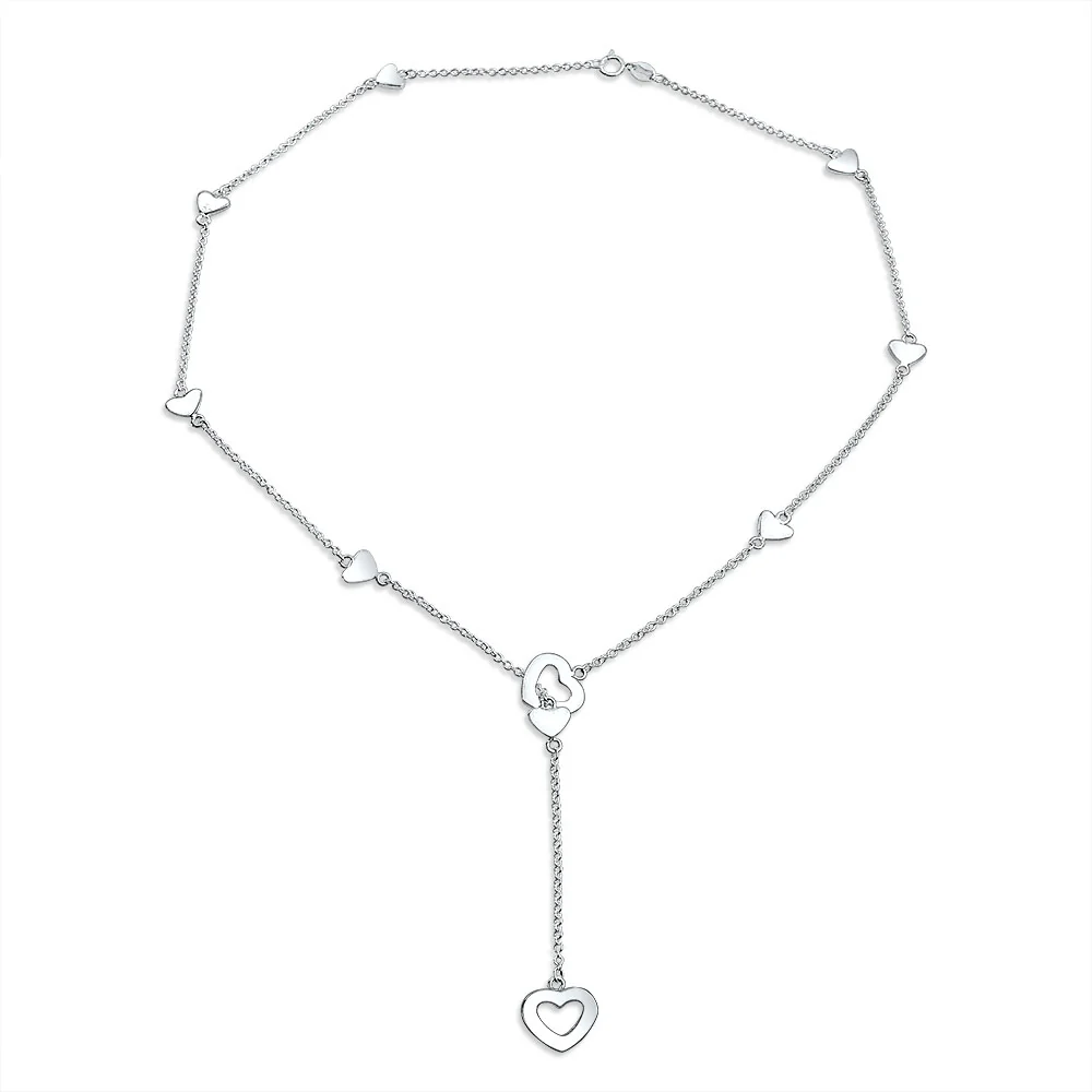 Romantic Love Danity Chain Long Linear Dangle Open Hearts Pendant Y Lariat Necklace Sterling Silver - Image 3