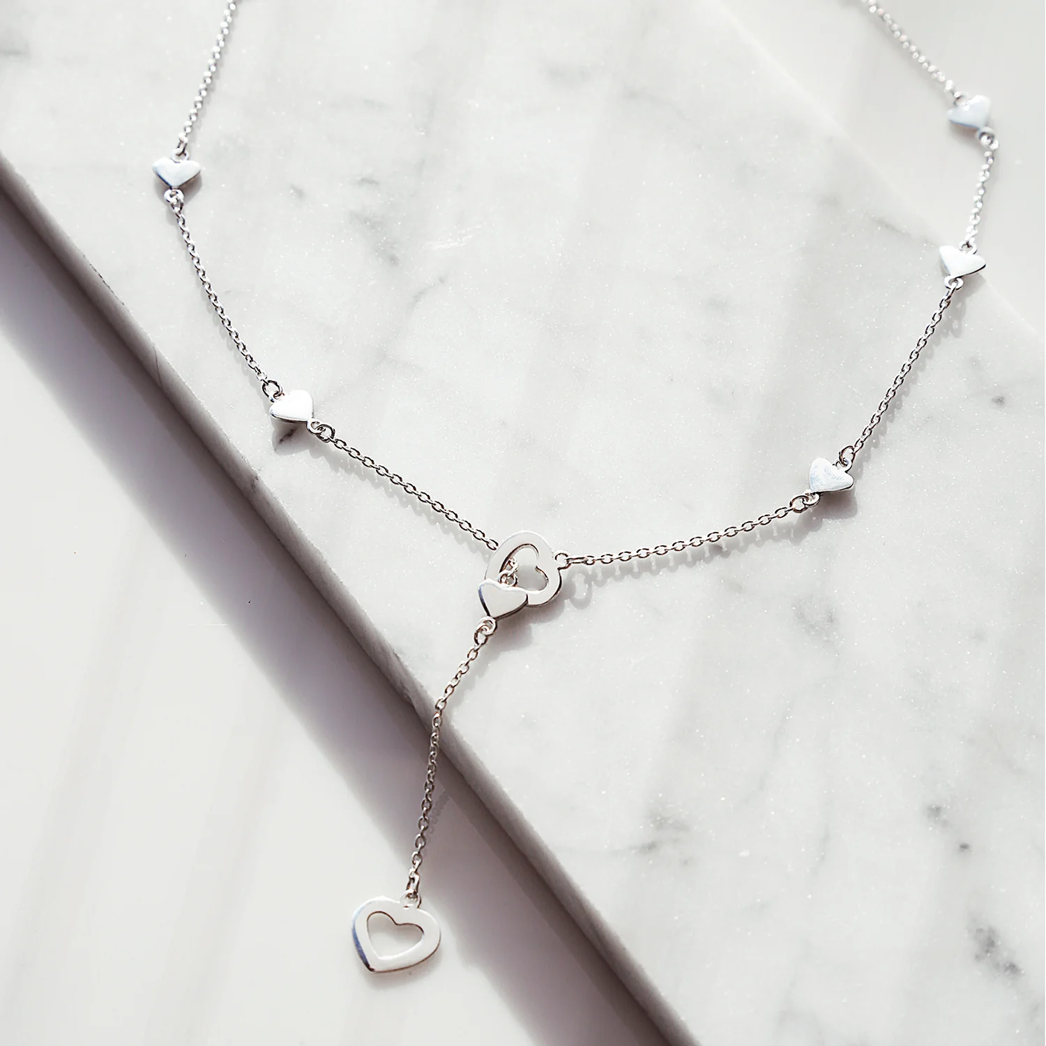 Romantic Love Danity Chain Long Linear Dangle Open Hearts Pendant Y Lariat Necklace Sterling Silver - Image 4