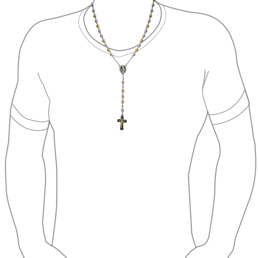 Two Tone Jesus Crucifix Virgin Mary Rosary Prayer Necklace Stainless Steel - Image 3