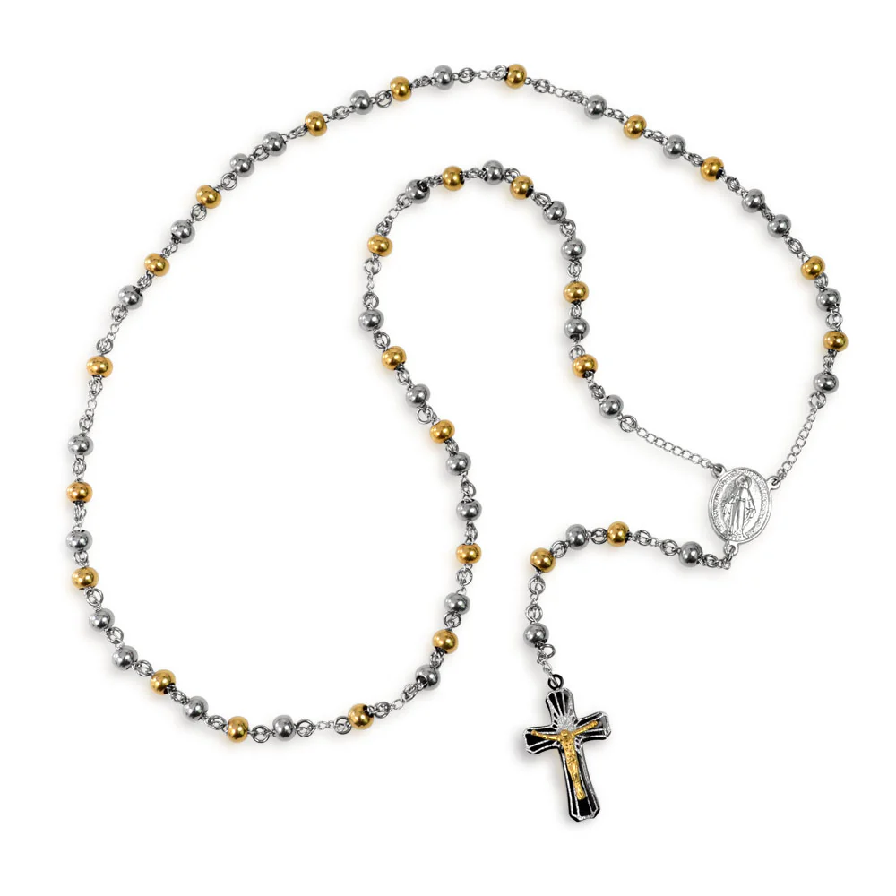 Two Tone Jesus Crucifix Virgin Mary Rosary Prayer Necklace Stainless Steel - Image 4