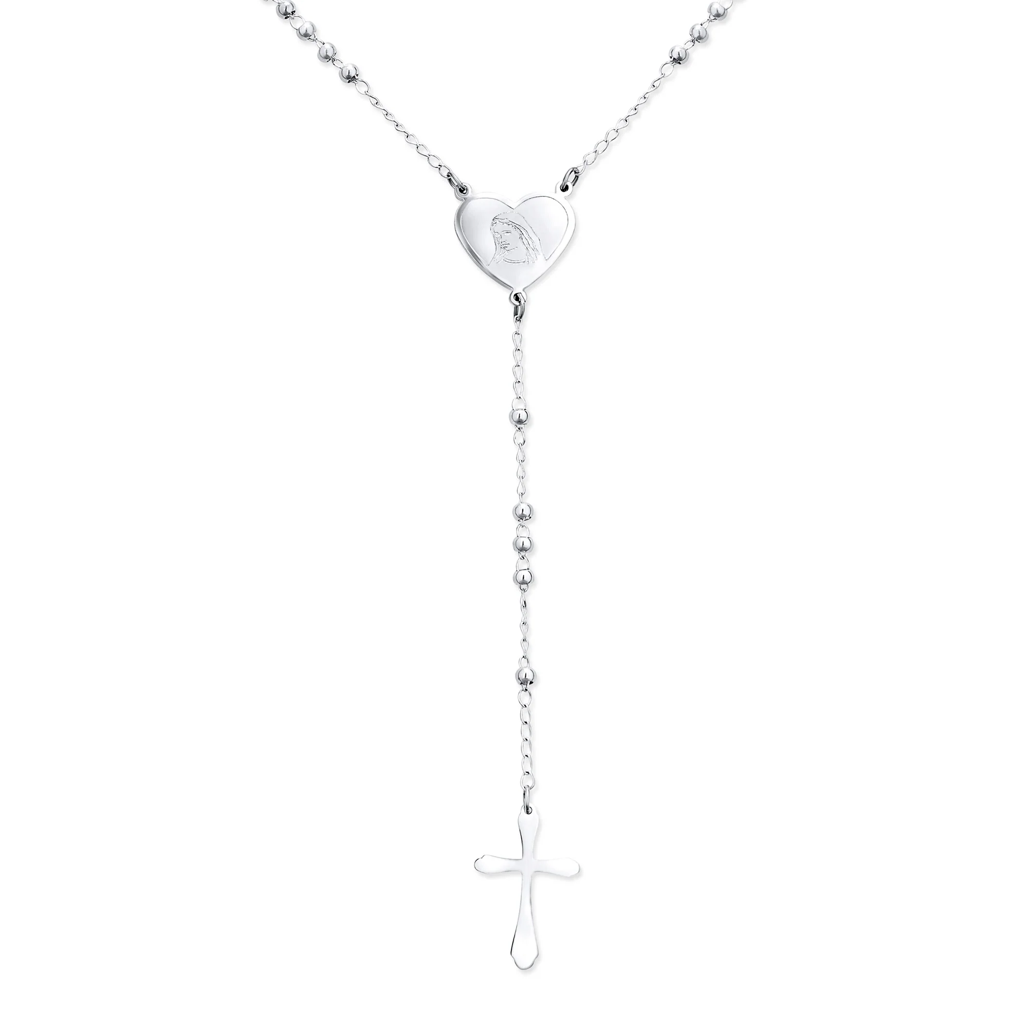 Tiny 2MM Ball Link Heart Virgin Mary Cross Prayer Rosary Necklace Stainless Steel