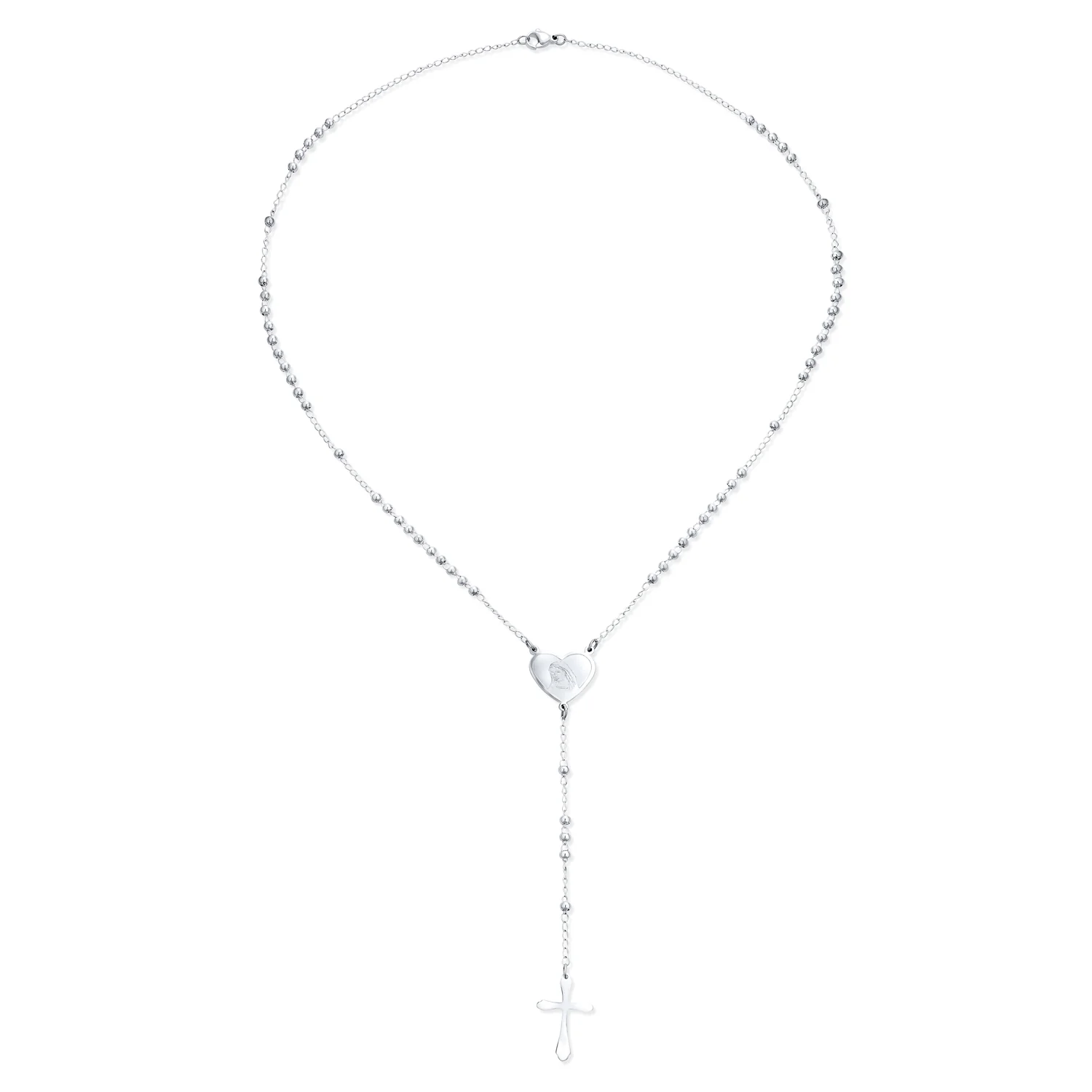 Tiny 2MM Ball Link Heart Virgin Mary Cross Prayer Rosary Necklace Stainless Steel - Image 2