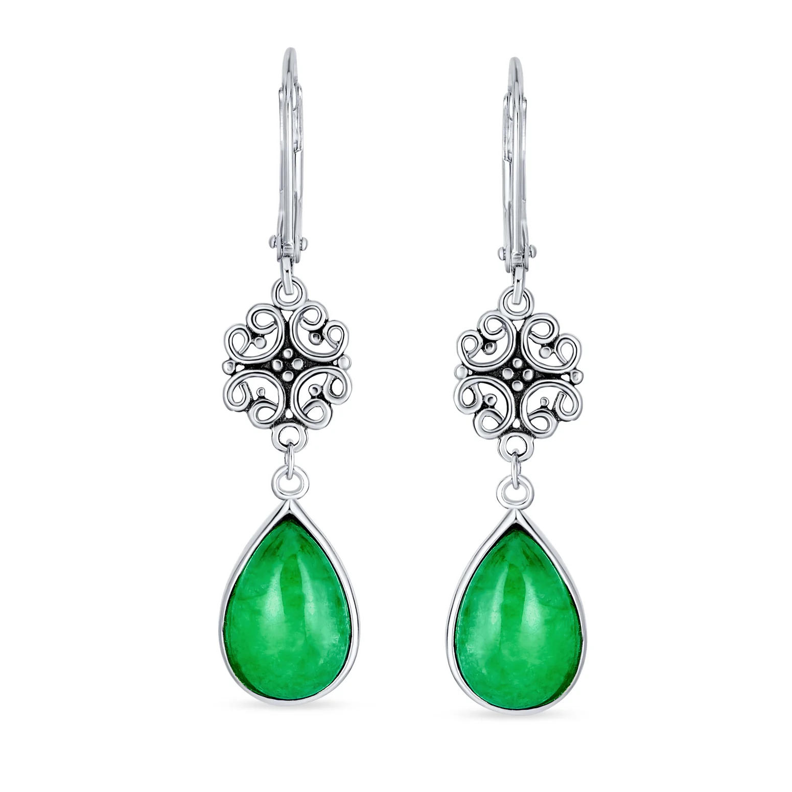 Dyed Green Jade Teardrop Dangle Gemstone Earrings in Sterling Silver - Image 2