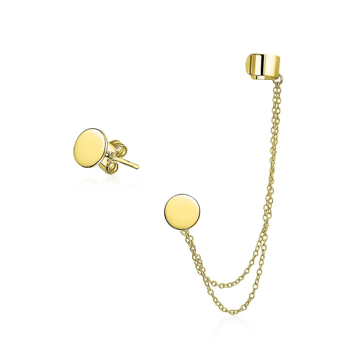Flat Circle Disc Clip On Double Chain Band Wrap Ear Cuff Stud Earring Set Gold Plated - Image 2