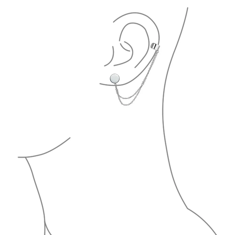 Flat Circle Disc Clip On Double Chain Band Wrap Ear Cuff Stud Earring Set Gold Plated - Image 3