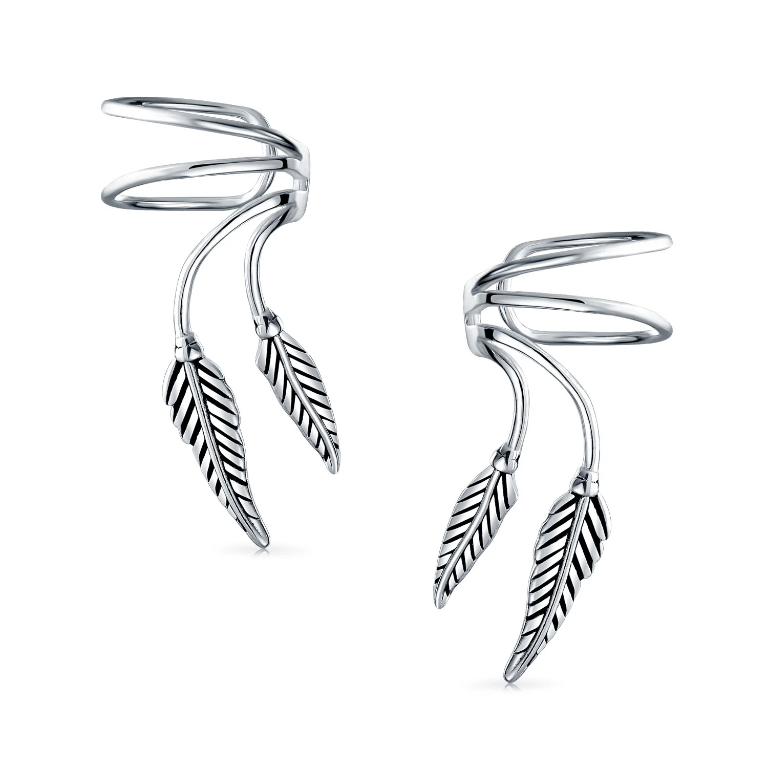 Cartilage Double Leaf Feather Ear Cuffs Wrap For Non Pierced Earrings .925 Sterling Silver