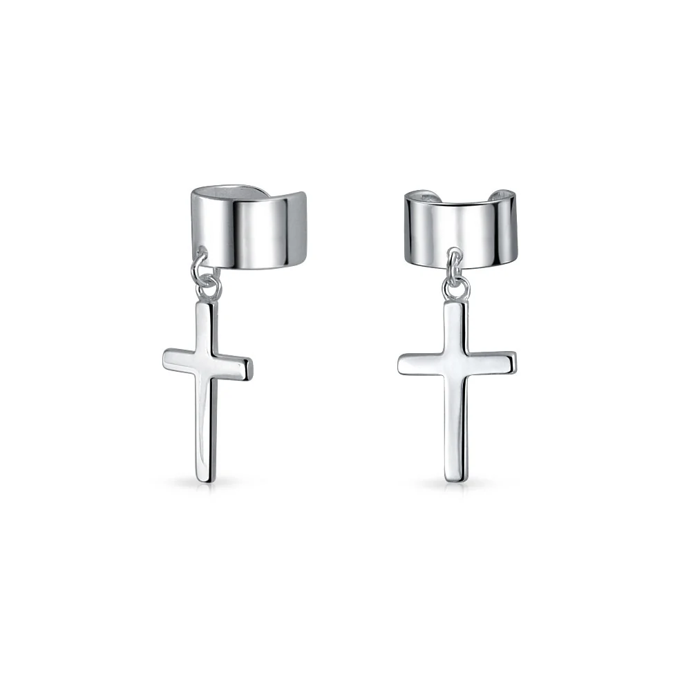 Religious Ear Lobe Cartilage Ear Cuff Dangling Cross Earrings Sterling Silver