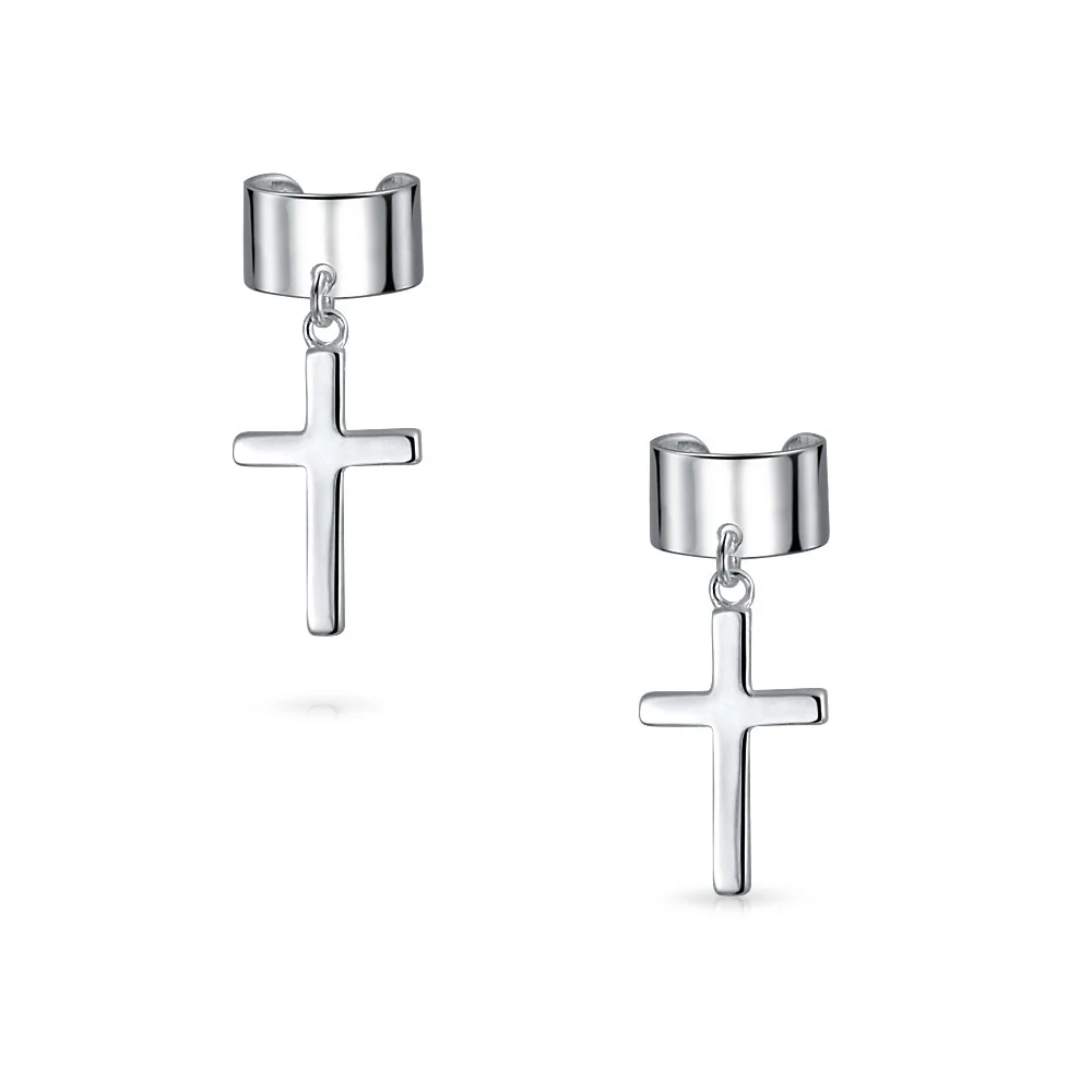 Religious Ear Lobe Cartilage Ear Cuff Dangling Cross Earrings Sterling Silver - Image 2