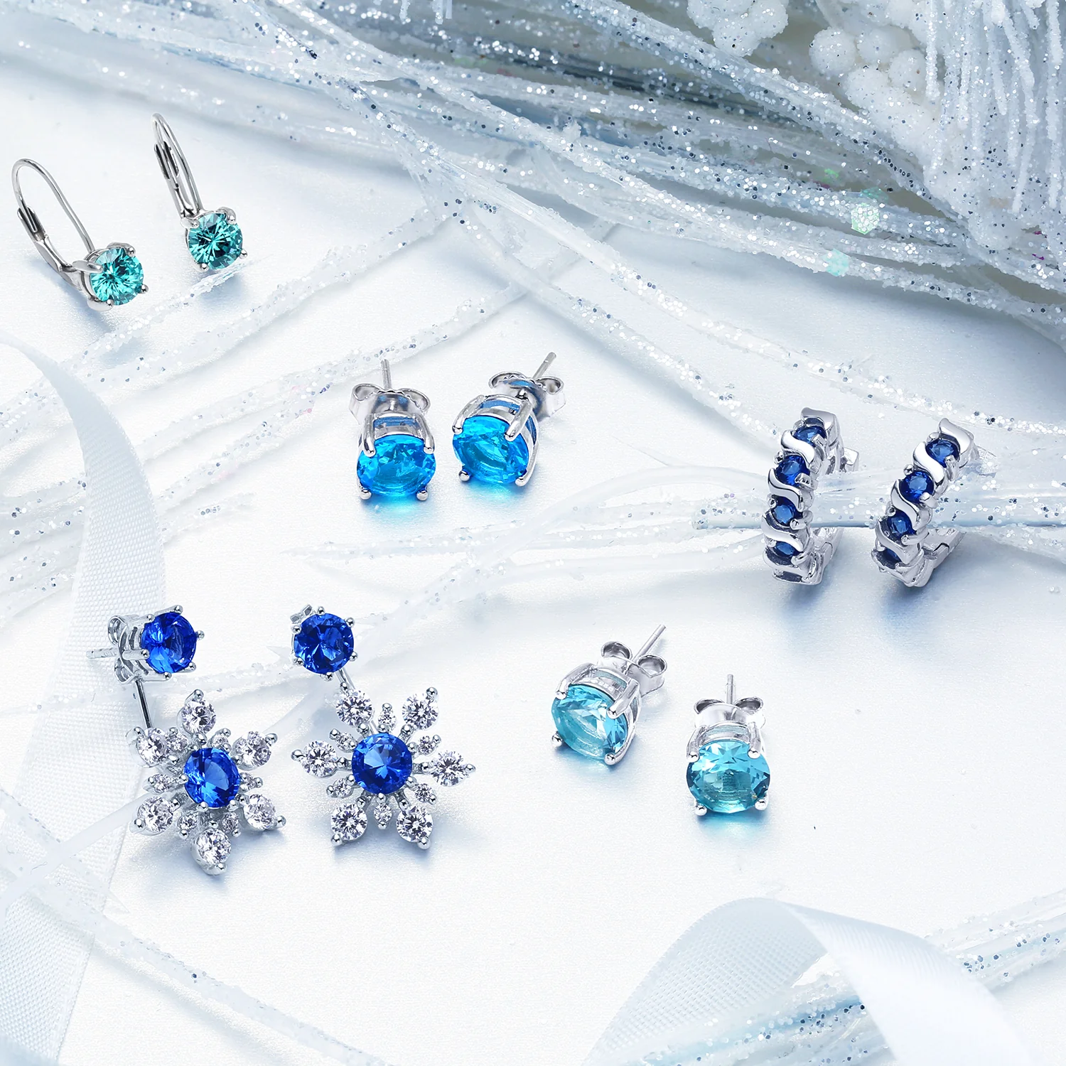 Holiday Party Earring Jacket Blue Sapphire Snowflake Studs in Sterling Silver - Image 10