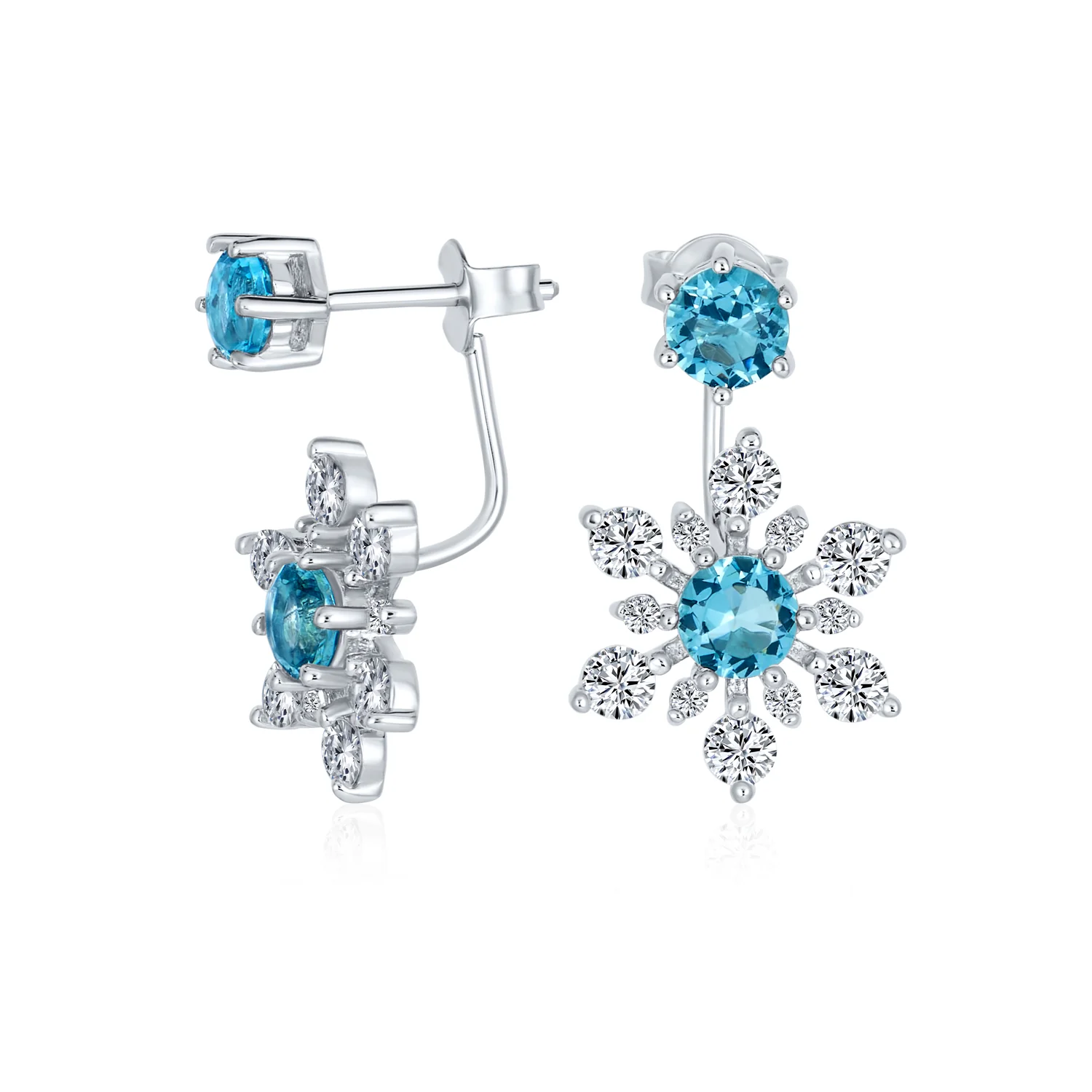 Holiday Party Earring Jacket Blue Sapphire Snowflake Studs in Sterling Silver - Image 2