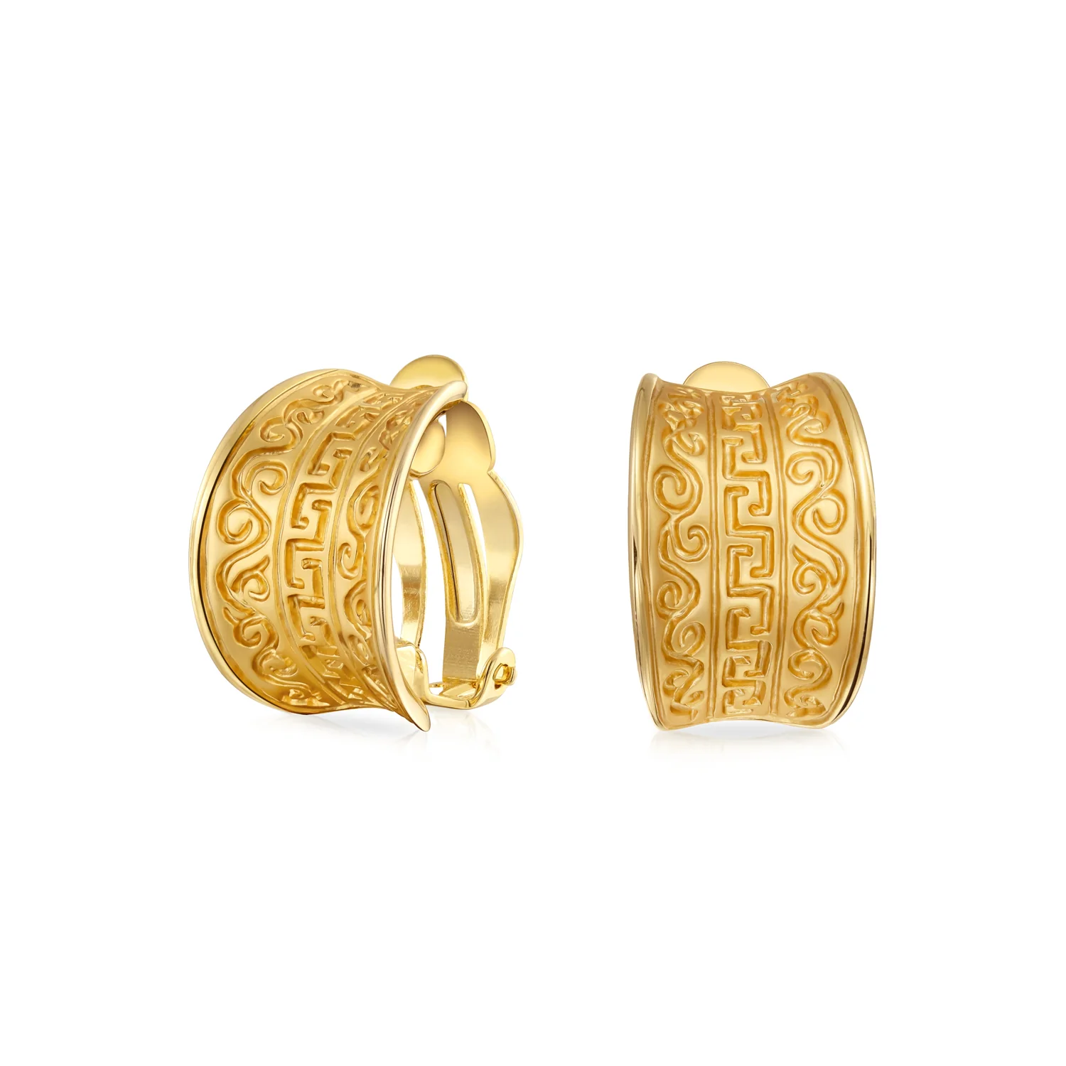 Egyptian Greek Motif Wide Half Hoop Clip On Earrings Non Pierced Ears Matte Gold