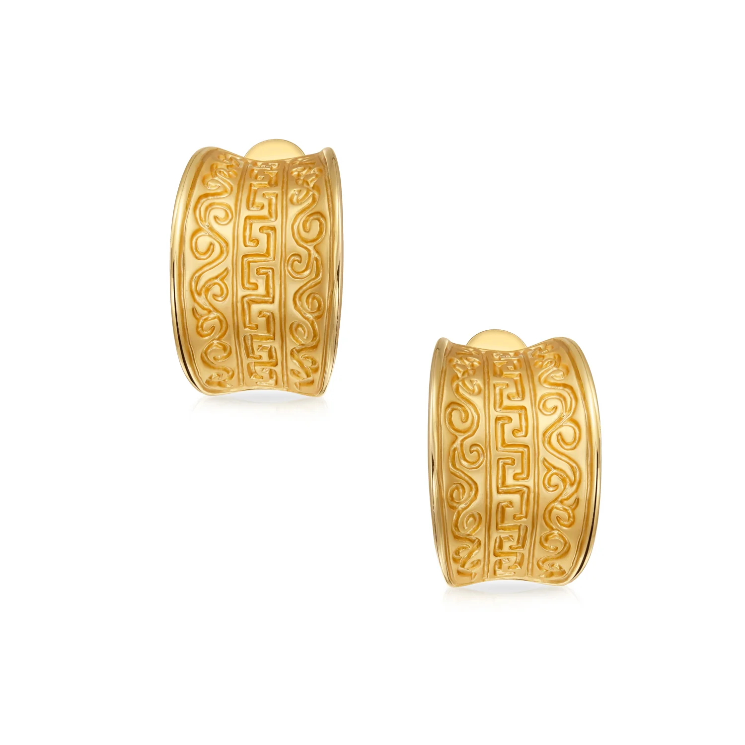 Egyptian Greek Motif Wide Half Hoop Clip On Earrings Non Pierced Ears Matte Gold - Image 2