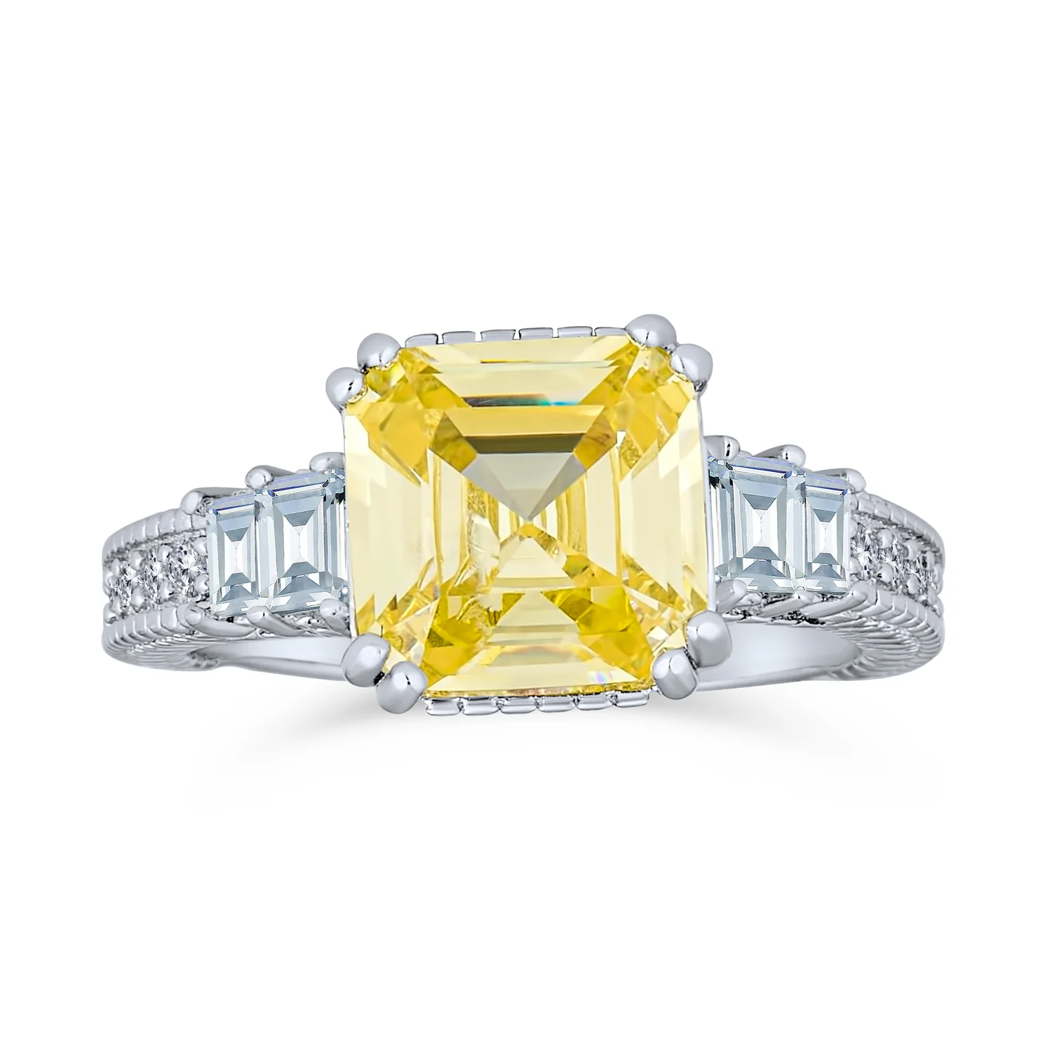 Art Deco Style 2CT Yellow Cubic Zirconia Asscher Cut Engagement Ring CZ Baguettes Sterling Silver - Image 3