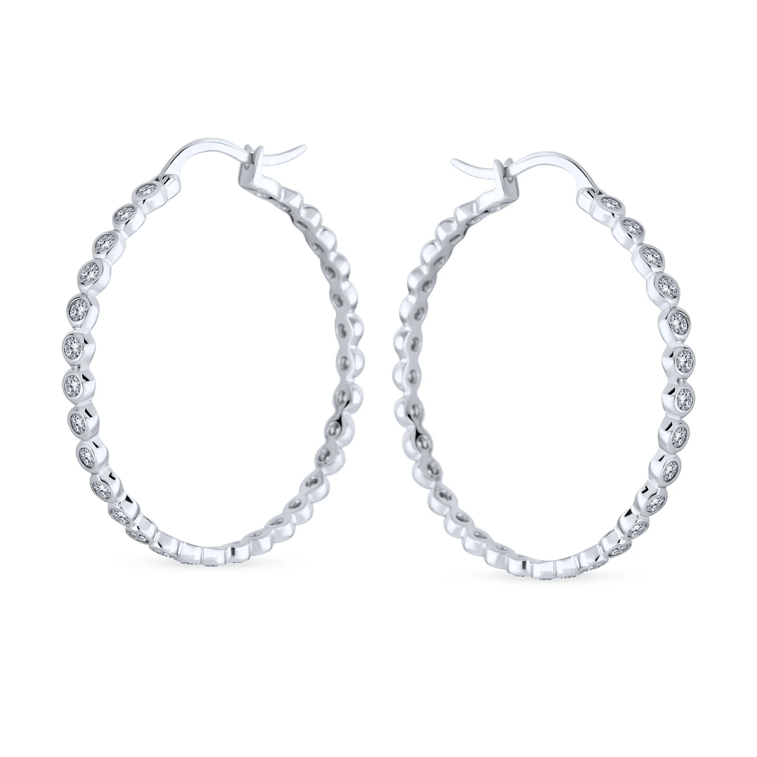 Elegant Black White CZ Hoop Earrings 14K Gold Sterling Silver 1.5 Inch Diameter - Image 2