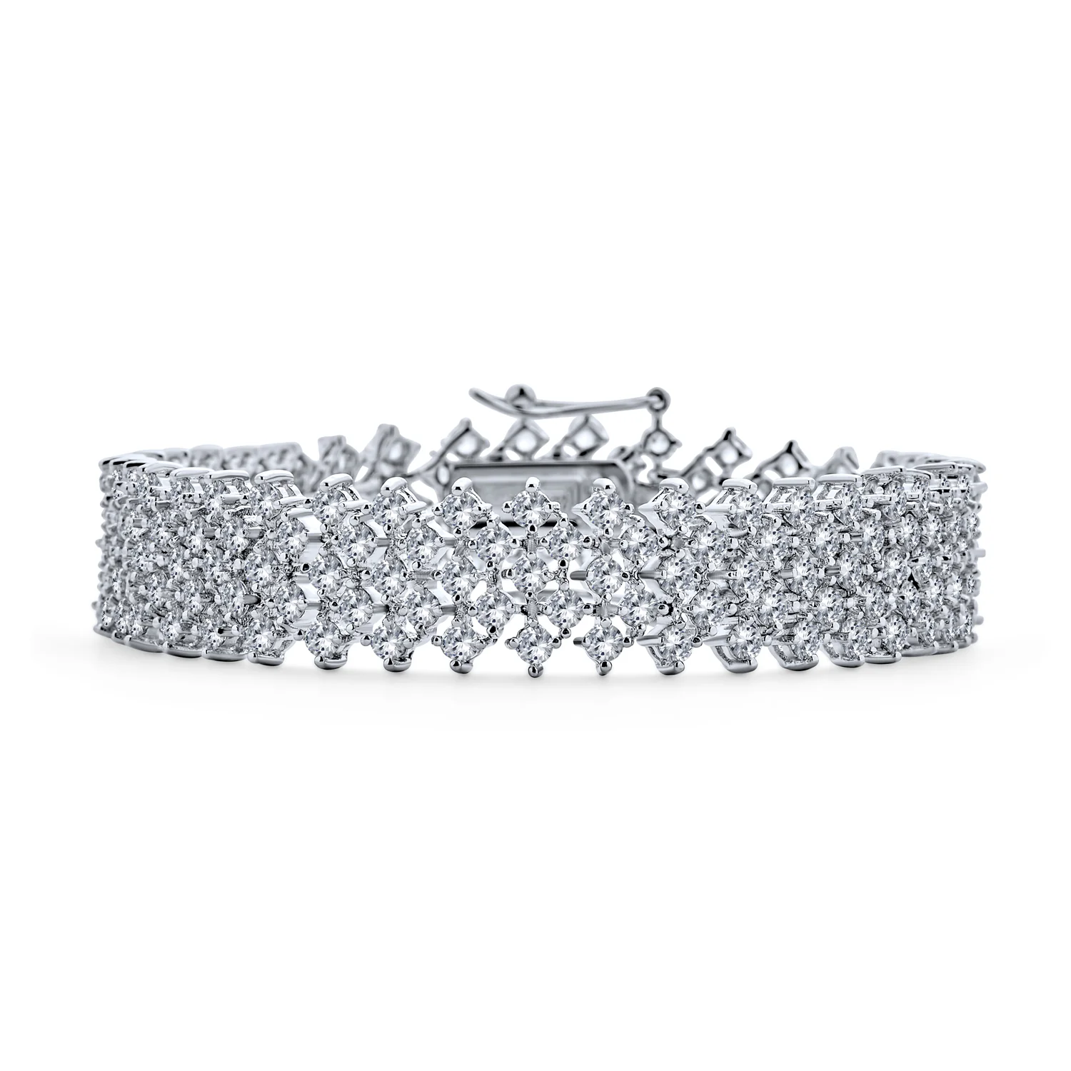 Bridal Special Occasion Jewelry Multi Row Wide Cubic Zirconia CZ Statement Bracelet Silver Plated