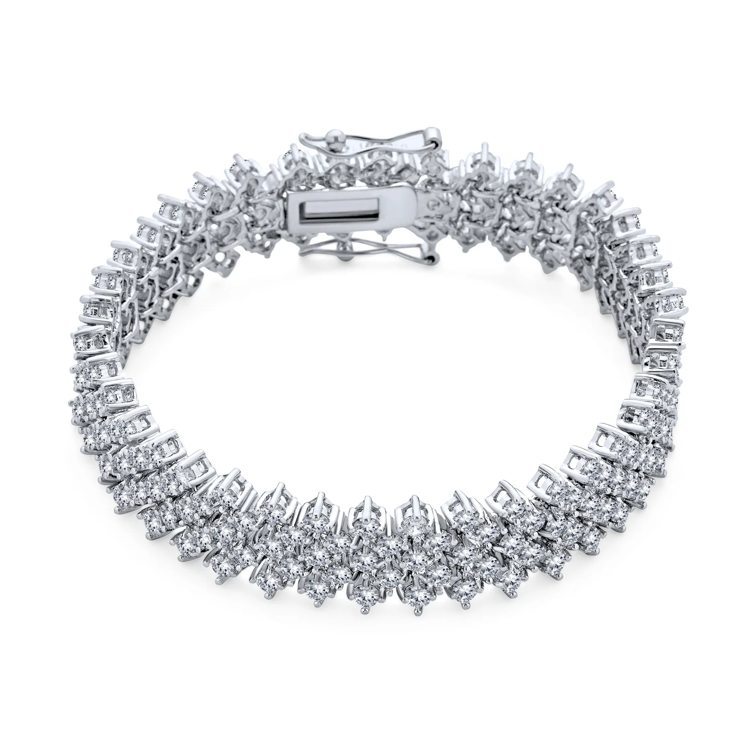 Bridal Special Occasion Jewelry Multi Row Wide Cubic Zirconia CZ Statement Bracelet Silver Plated - Image 2
