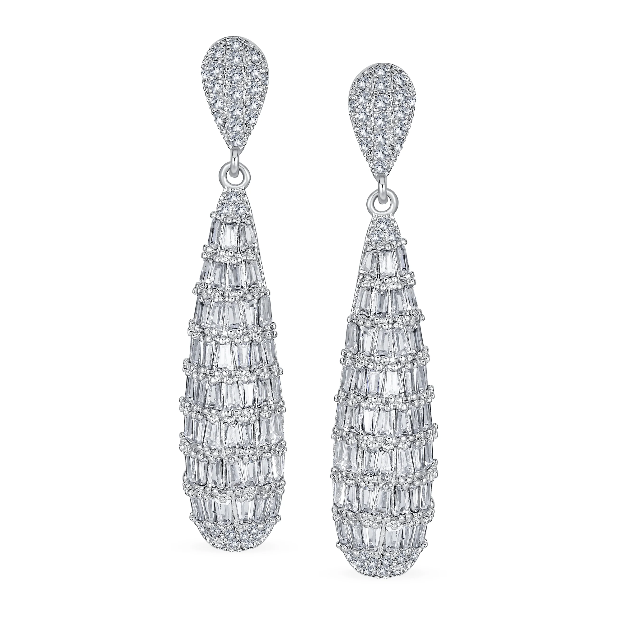 Bridal Cubic Zirconia Pave CZ Elongated Teardrop Statement Chandelier Earrings Silver Plated - Image 2