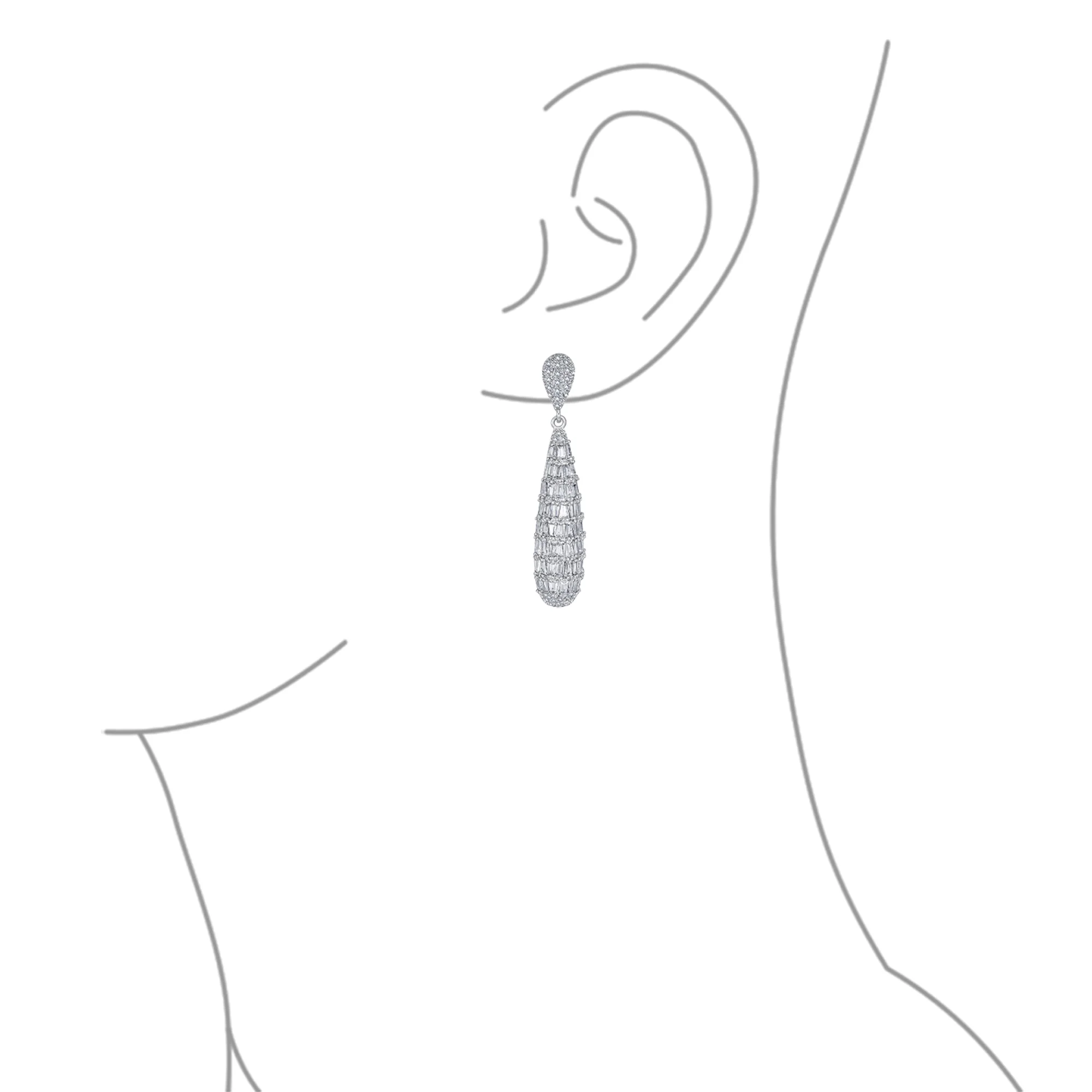 Bridal Cubic Zirconia Pave CZ Elongated Teardrop Statement Chandelier Earrings Silver Plated - Image 3