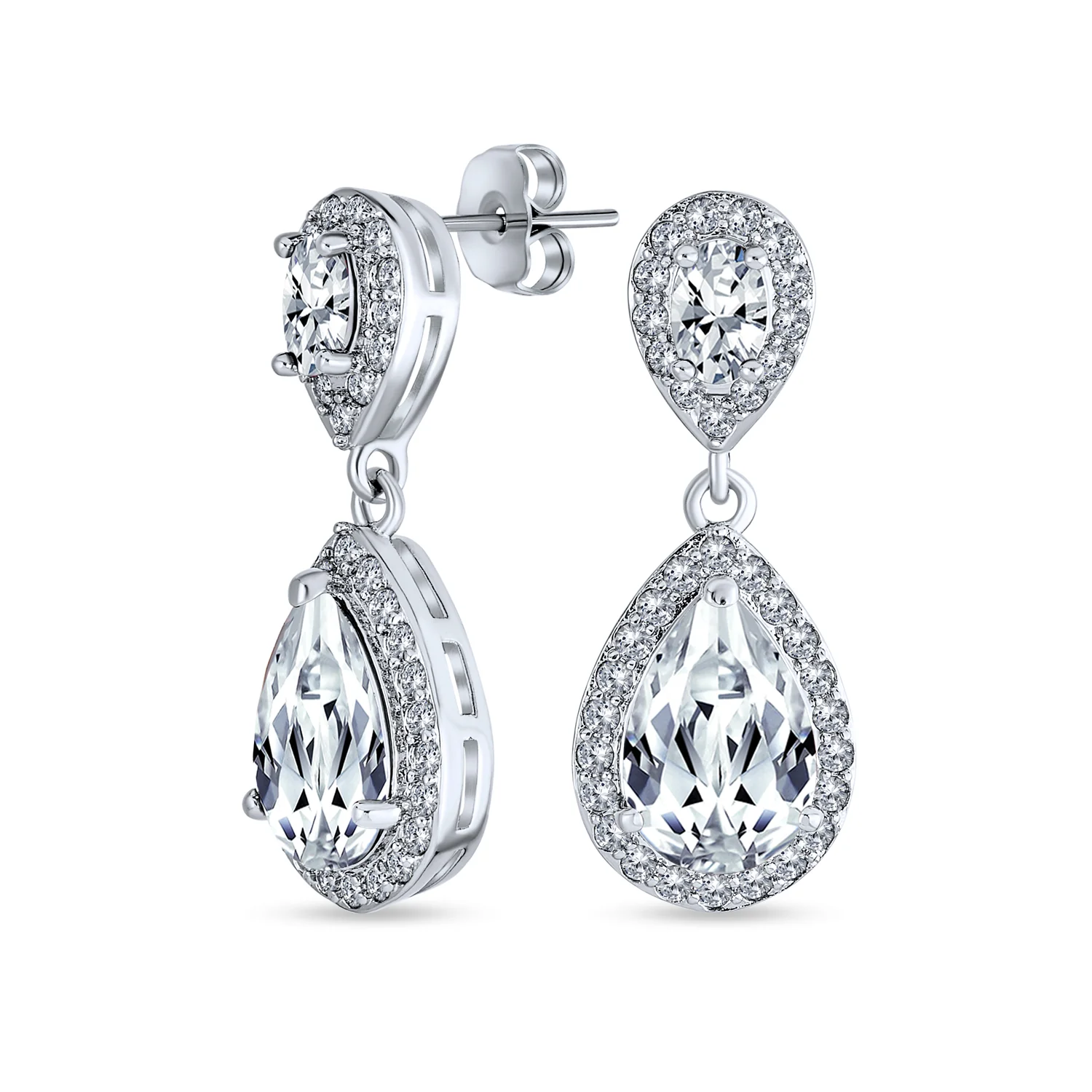 Cocktail Cubic Zirconia CZ Double Solitaire Teardrop Dangle Earrings Gold Plated