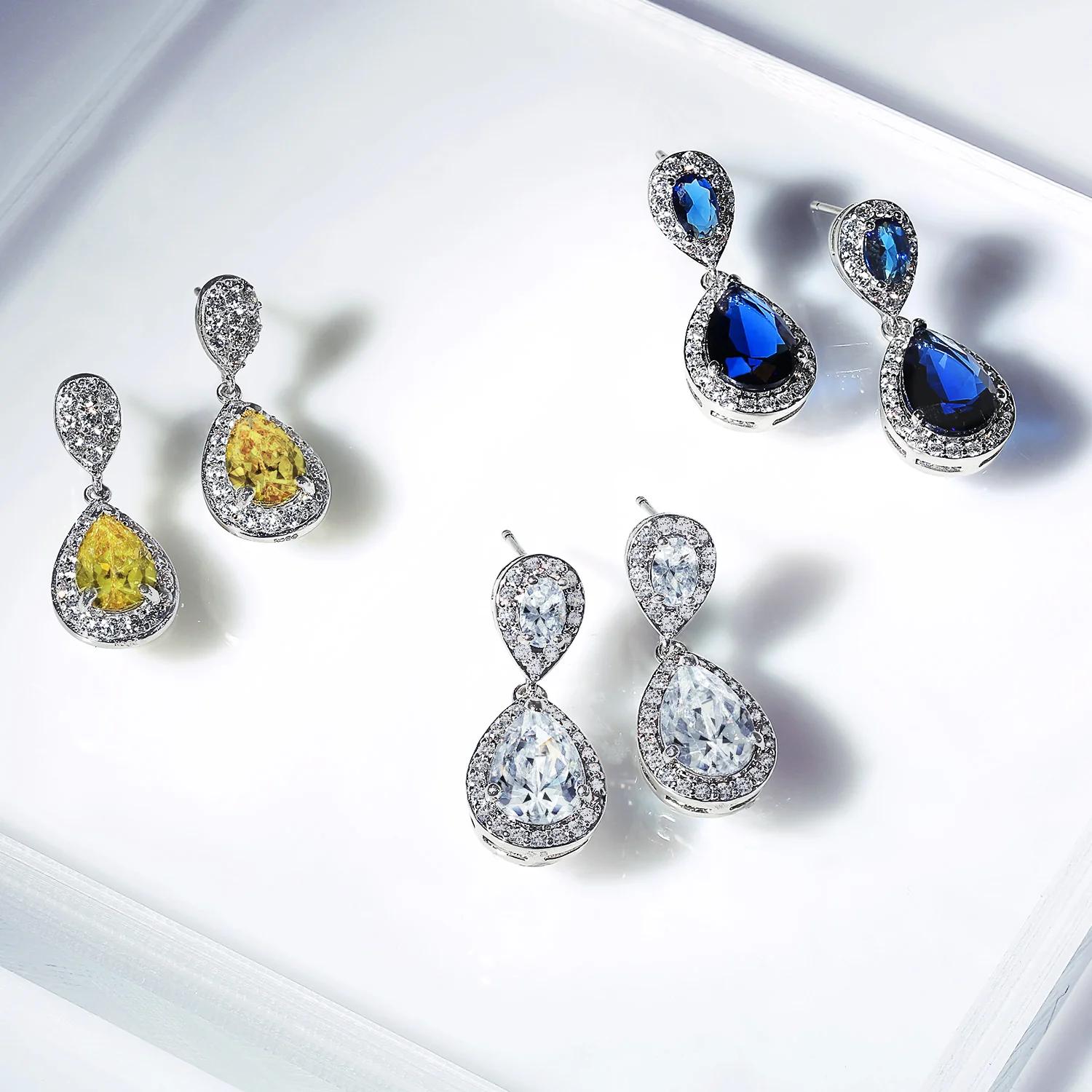 Cocktail Cubic Zirconia CZ Double Solitaire Teardrop Dangle Earrings Gold Plated - Image 21
