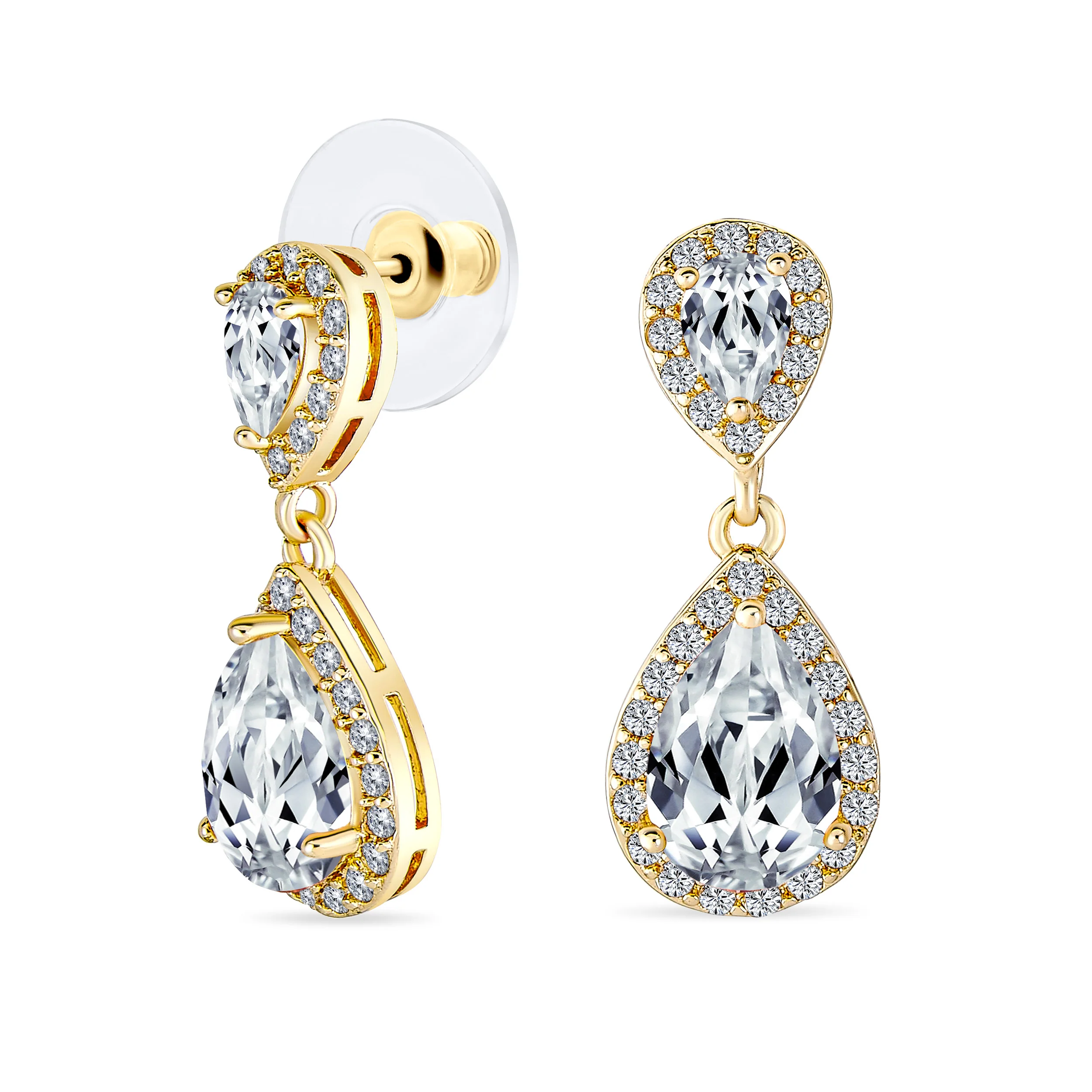 Cocktail Cubic Zirconia CZ Double Solitaire Teardrop Dangle Earrings Gold Plated - Image 3