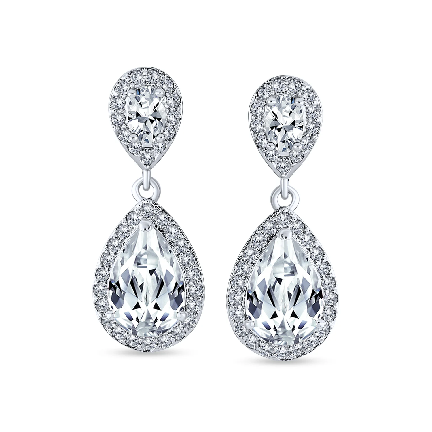 Cocktail Cubic Zirconia CZ Double Solitaire Teardrop Dangle Earrings Gold Plated - Image 6