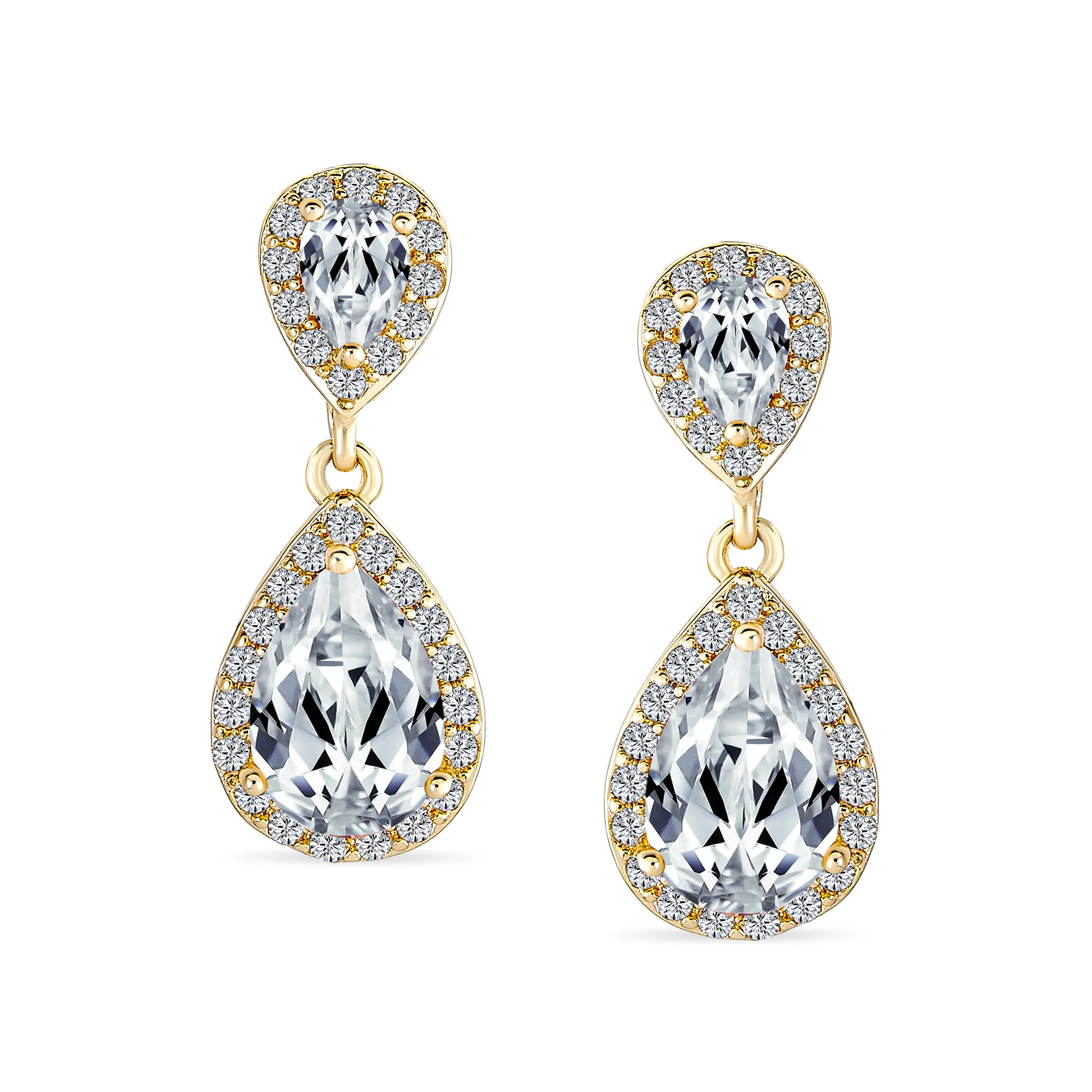 Cocktail Cubic Zirconia CZ Double Solitaire Teardrop Dangle Earrings Gold Plated - Image 8
