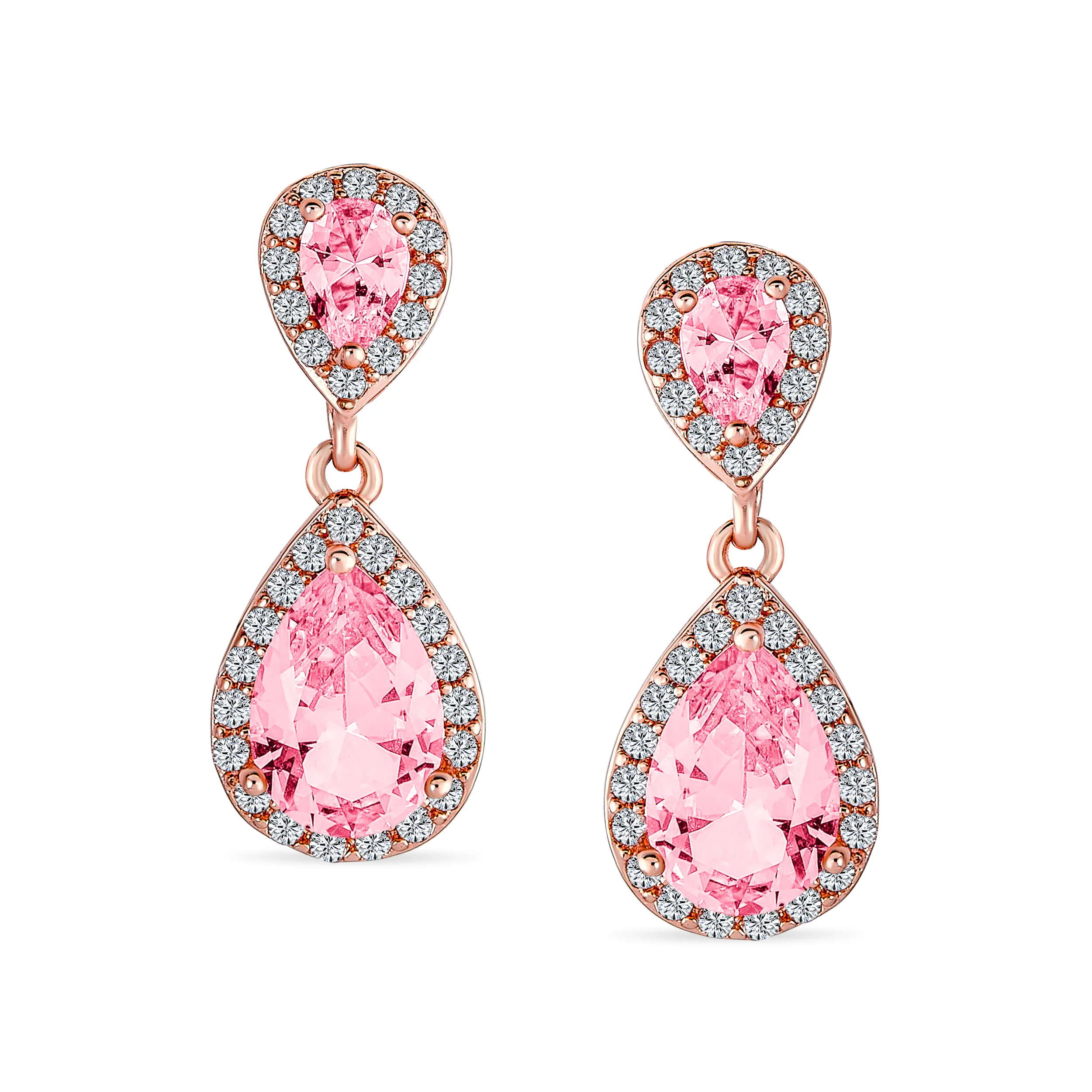 Cocktail Cubic Zirconia CZ Double Solitaire Teardrop Dangle Earrings Gold Plated - Image 9