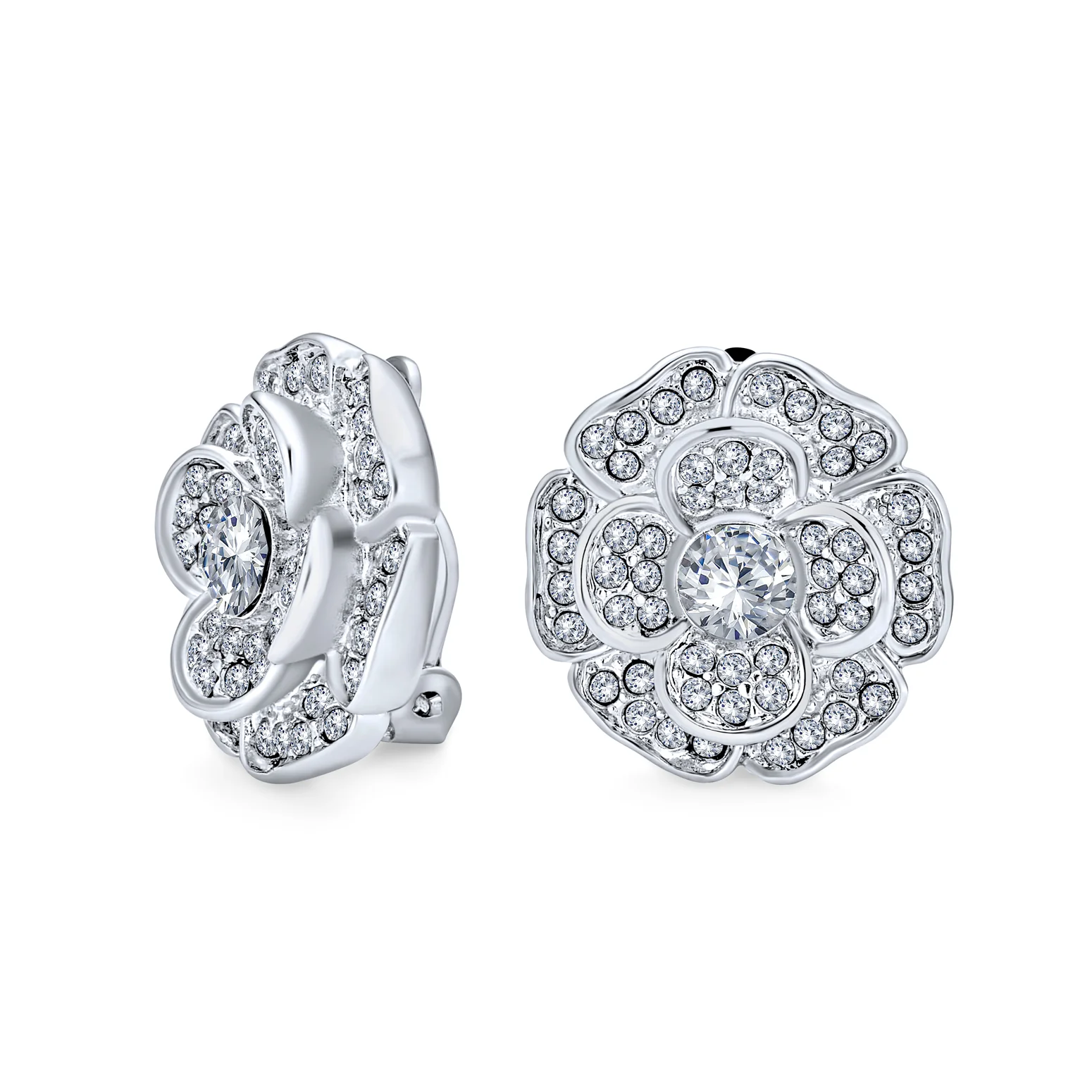 Cubic Zirconia Pave CZ 3D Statement Rose Flower Shape Clip On Earrings Non Pierced Ears