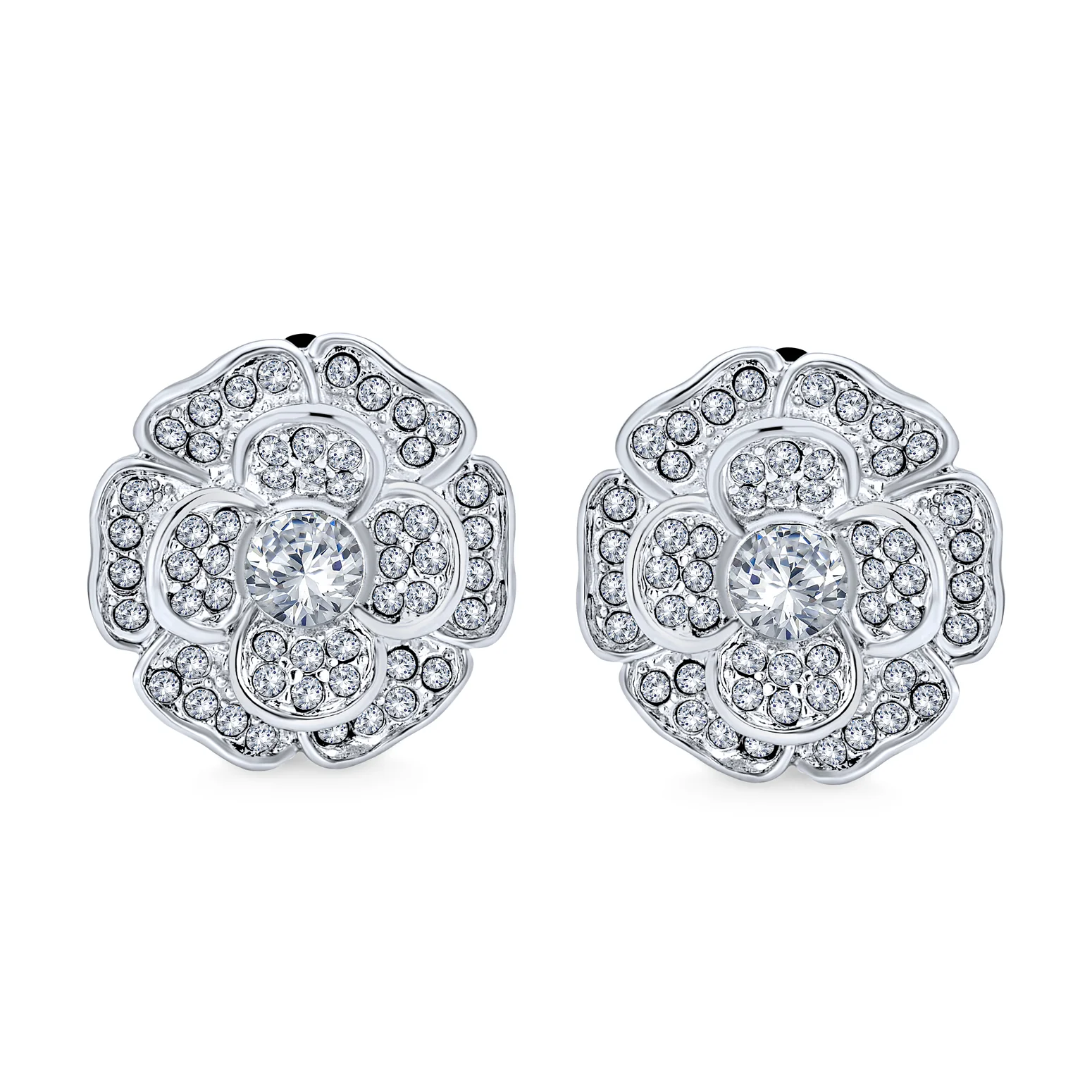 Cubic Zirconia Pave CZ 3D Statement Rose Flower Shape Clip On Earrings Non Pierced Ears - Image 2