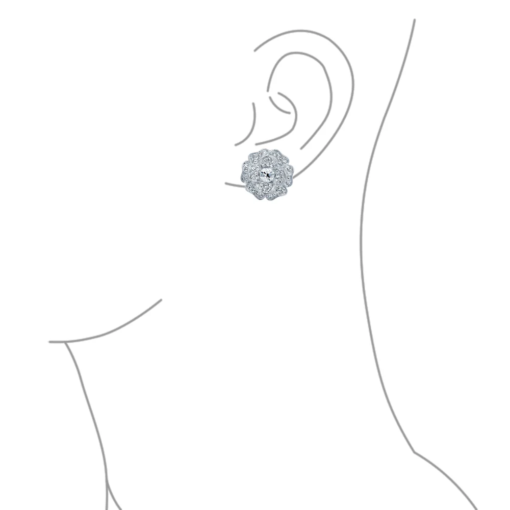Cubic Zirconia Pave CZ 3D Statement Rose Flower Shape Clip On Earrings Non Pierced Ears - Image 4