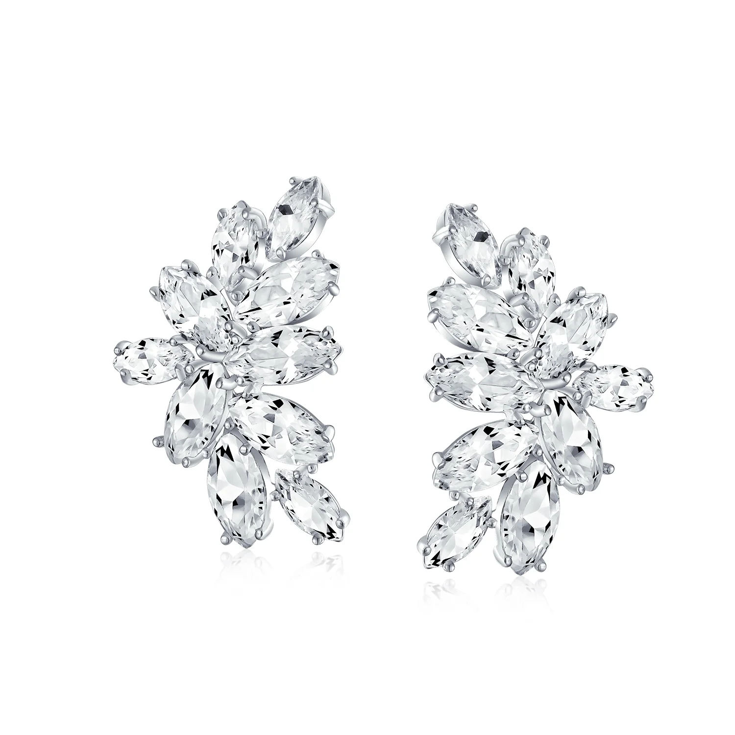 Cocktail Marquise Cubic Zirconia CZ Clusters Leaf Clip On Earrings Non Pierced Ears Silver Plated - Image 2