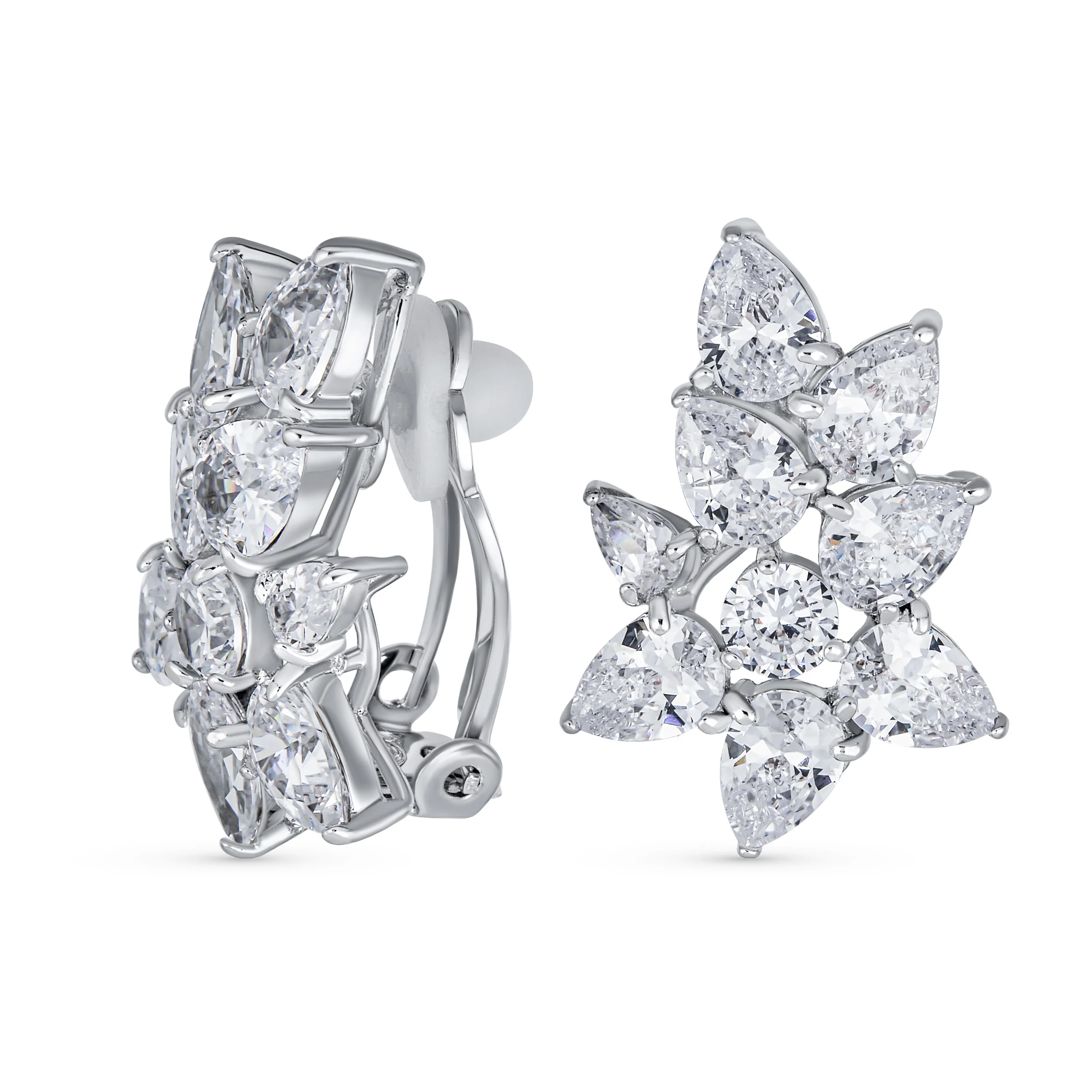 Bridal Marquise Leaf CZ Clip-On Earrings Silver Plated for Weddings and Proms