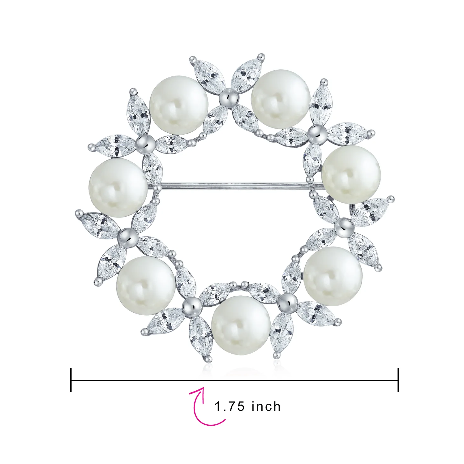 Elegant CZ Cubic Zirconia Round White Pearl Wreath Circle Scarf Pin Brooch - Image 5