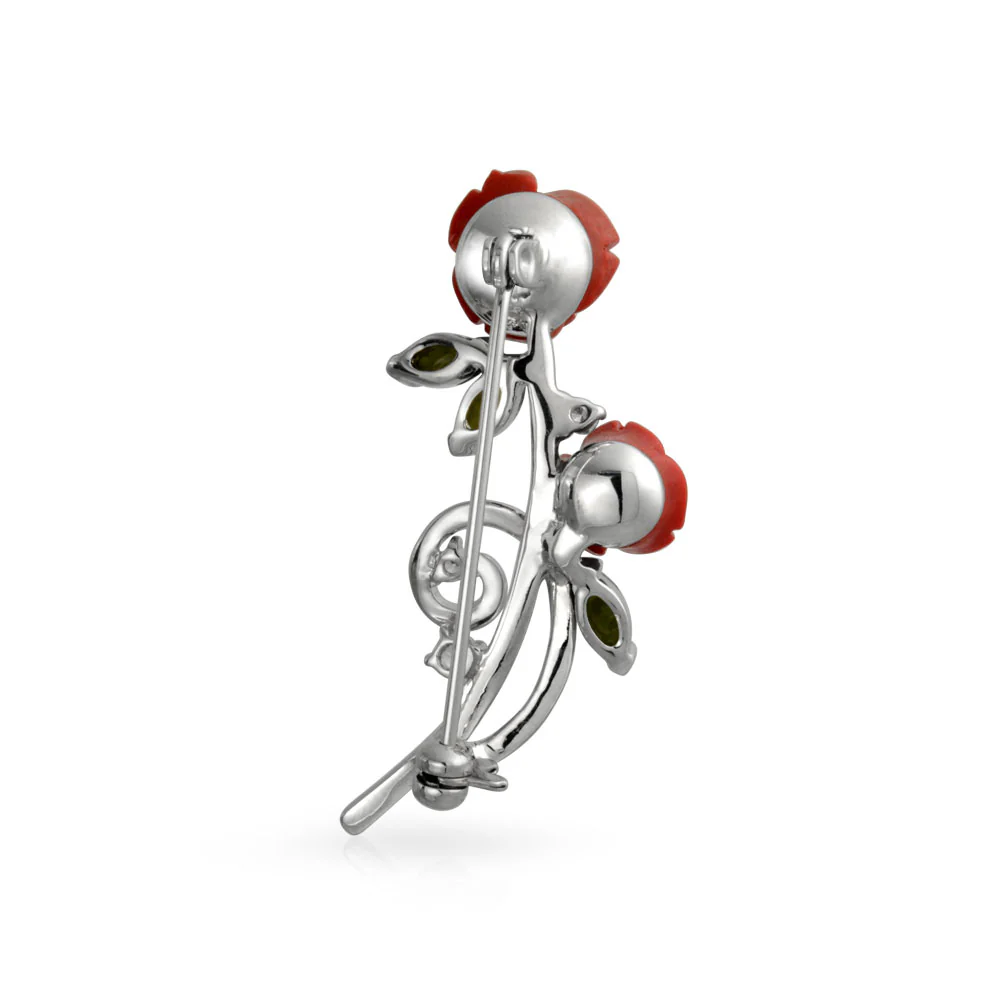 Floral Flower Red Roses Brooch Lapel Pin CZ Accents Silver Plated - Image 2