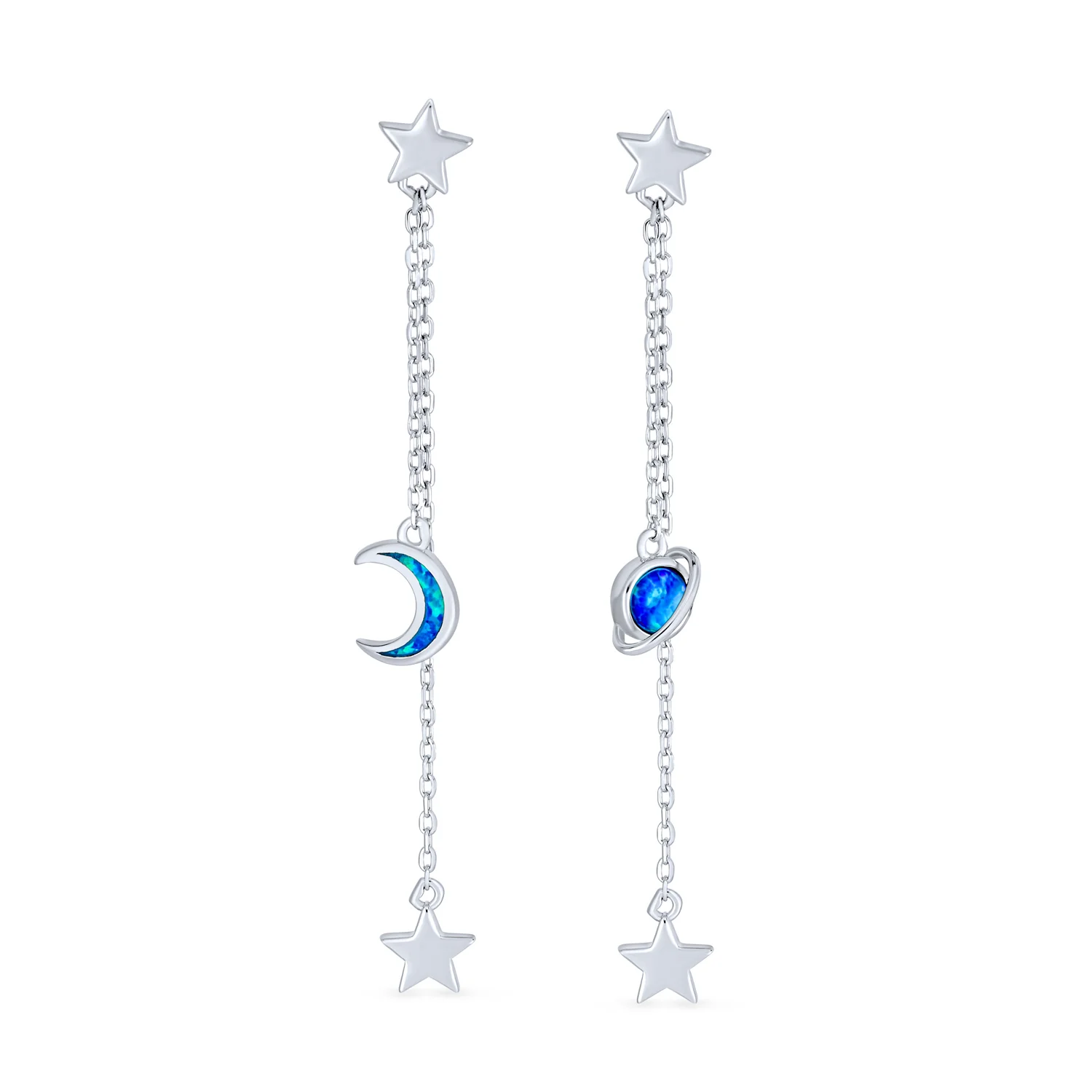 Elegant Celestial Crescent Moon Dangle Gemstone Earrings Blue Opal & Silver - Image 2
