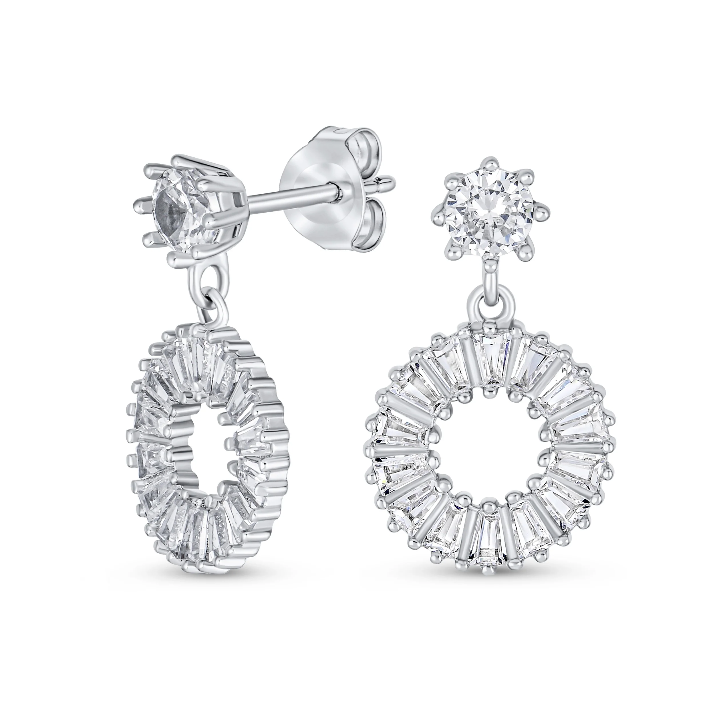 Fancy Cocktail Open Baguette Circle Drop Stud Earrings Cubic Zirconia CZ .925 Sterling Silver