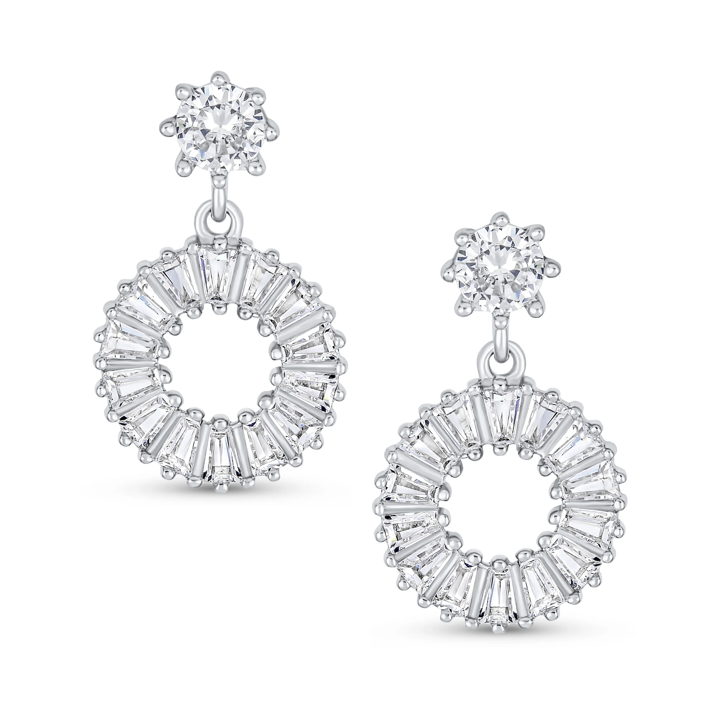 Fancy Cocktail Open Baguette Circle Drop Stud Earrings Cubic Zirconia CZ .925 Sterling Silver - Image 2