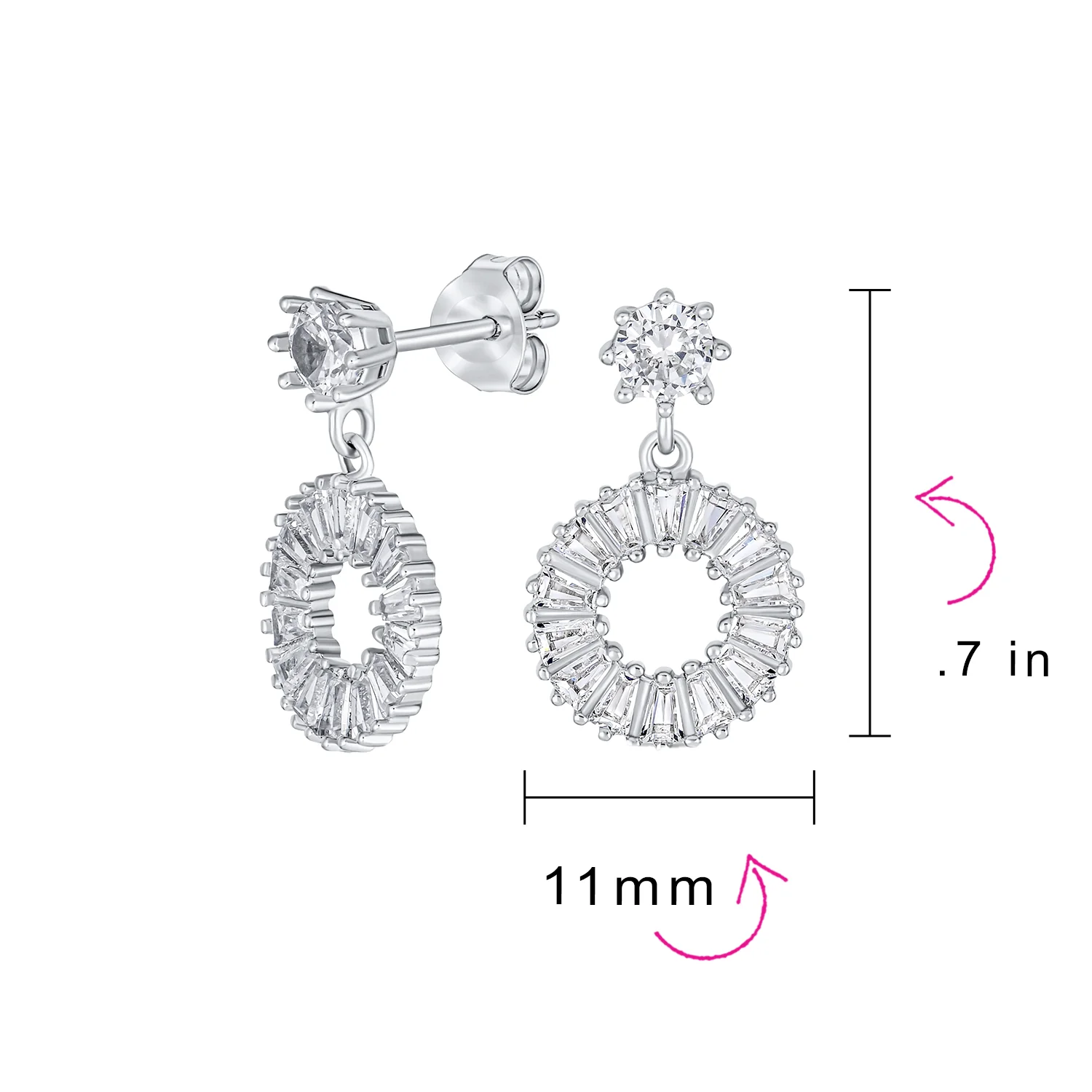 Fancy Cocktail Open Baguette Circle Drop Stud Earrings Cubic Zirconia CZ .925 Sterling Silver - Image 4