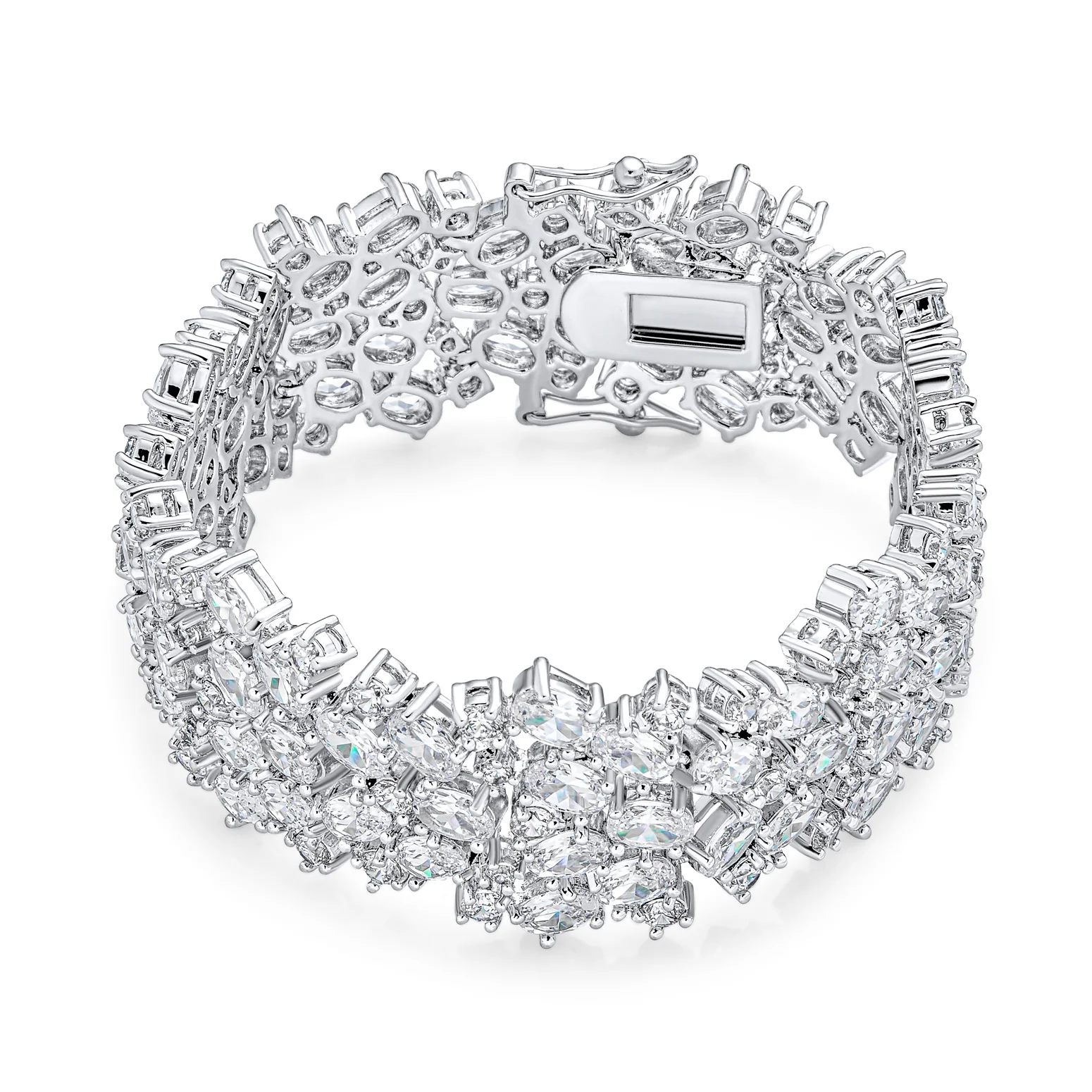 Bridal Special Occasion Jewelry Multi Row Cluster Design Cubic Zirconia CZ Wide Statement Bracelet - Image 2