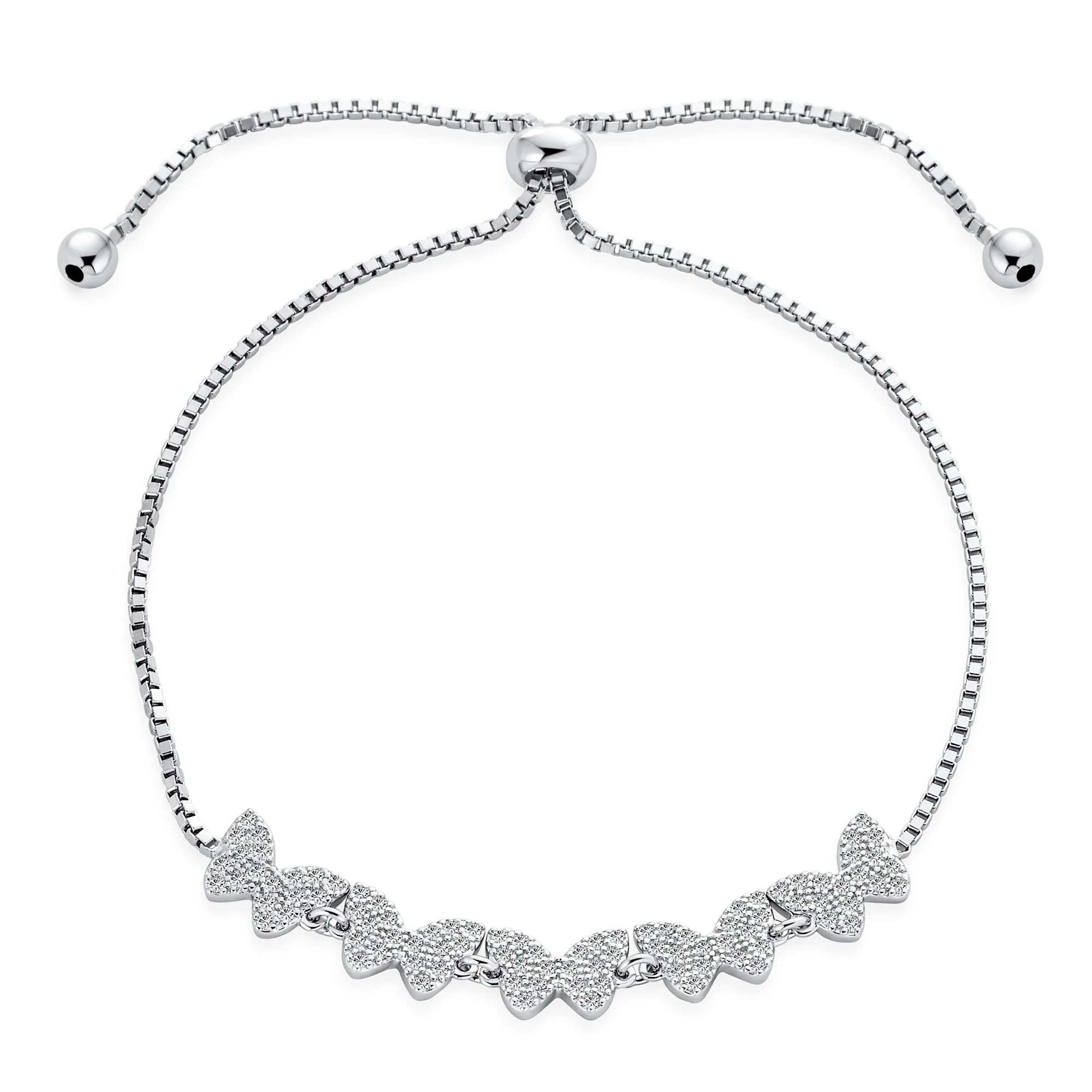 Dainty Cubic Zirconia Mirco Pave CZ Butterfly Bolo Bracelet Adjustable Slide .925 Sterling Silver