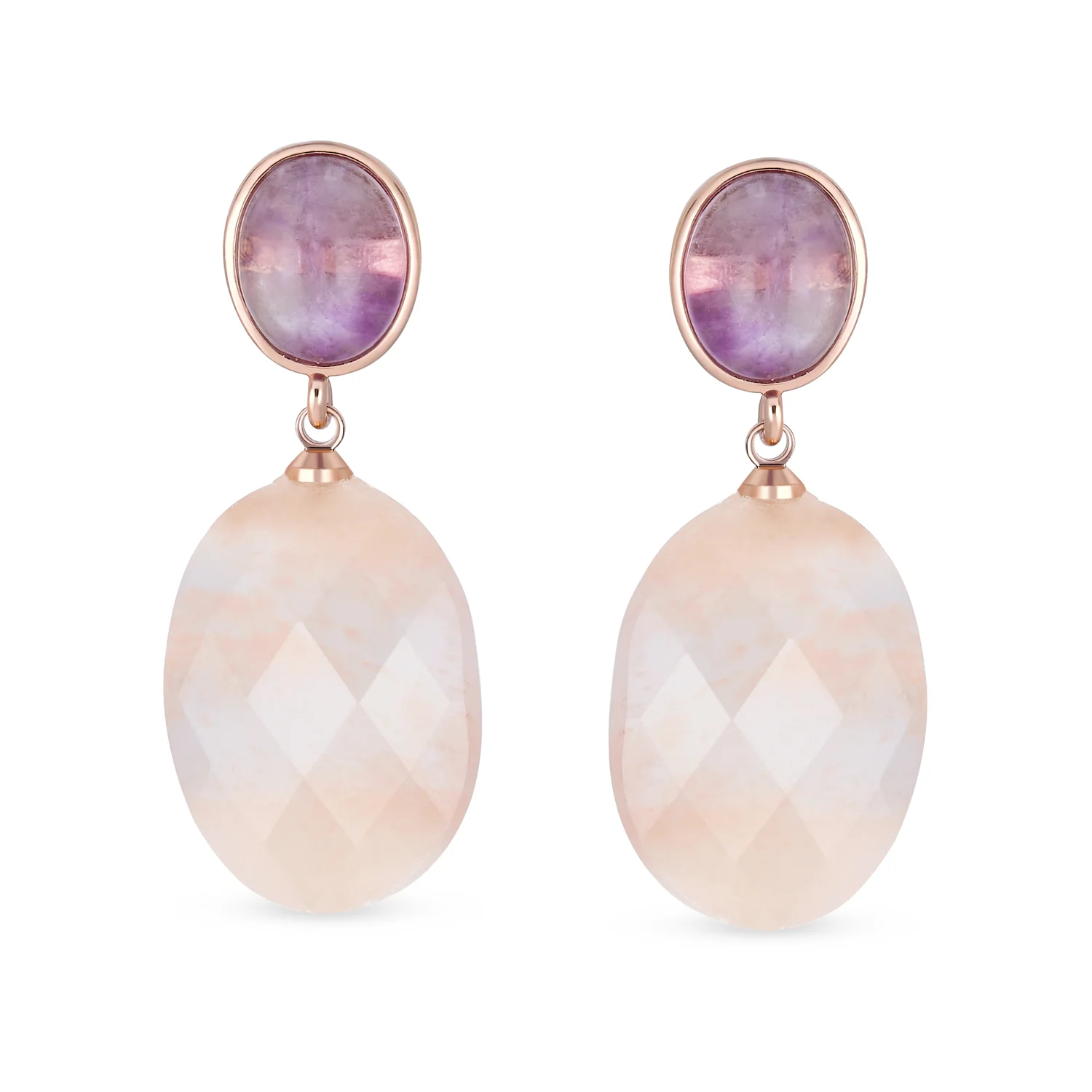 Elegant Dangle Gemstone Earrings Amethyst & Rose Quartz in Rose Gold Plating - Image 2