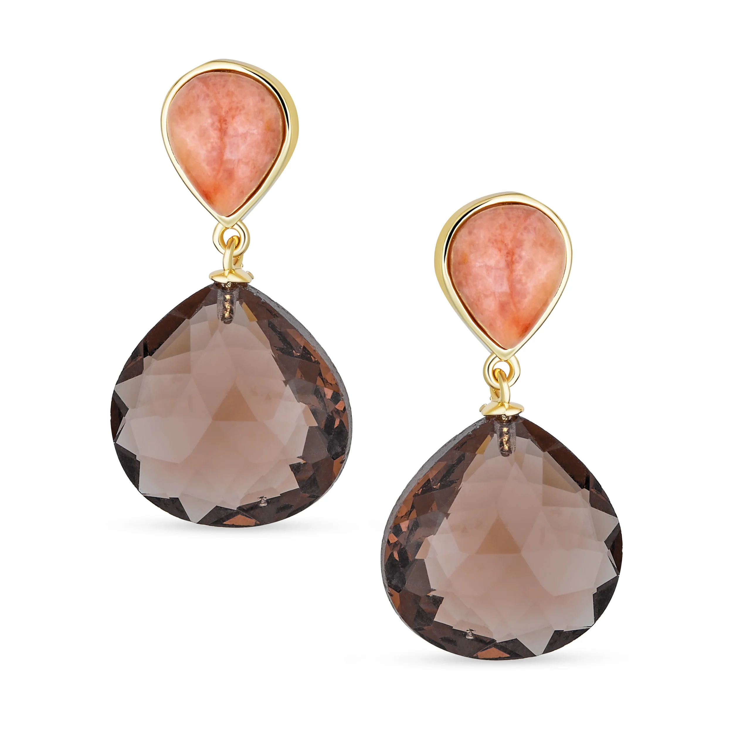 Faceted Peach & Brown Smoky Quartz Gemstone Teardrop Dangle Earrings Gold Plated - Image 2