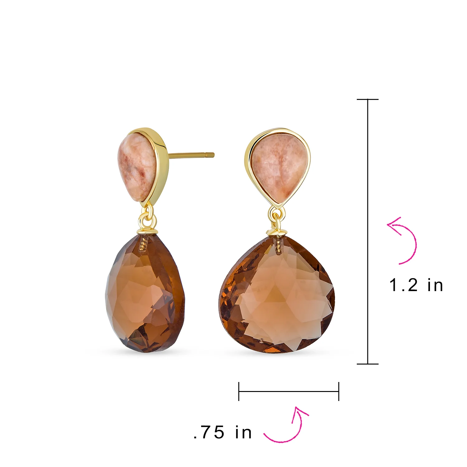 Faceted Peach & Brown Smoky Quartz Gemstone Teardrop Dangle Earrings Gold Plated - Image 5